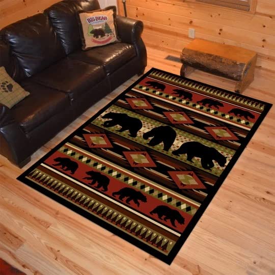 Bear Area Rug - Soft Plush Non-Skid Nursery & Cabin Rug with Northern Wildlife Lodge Pattern (5x7, 8x10) - Perfect for Kids' Rooms, Fireplace Decor & Cozy Cabin Flooring
