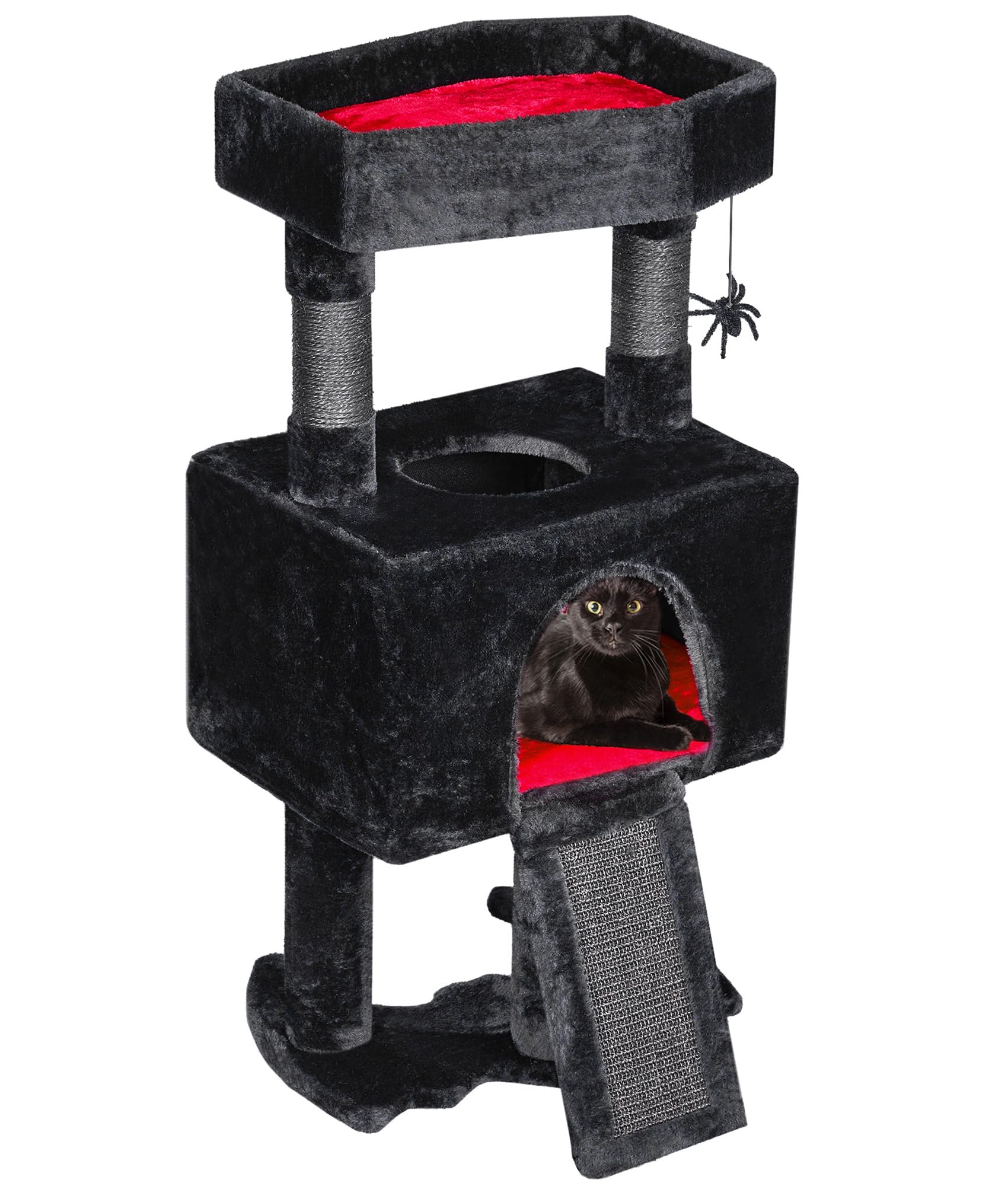 BEWISHOME Gothic Cat Tree with Coffin Cat Bed - Black & Red Halloween Cat Tower with Scratching Post, Soft Cushion & Spider Hanging Ball - Spacious Cat Condo for Play & Rest - Perfect Gothic Pet Furniture for Halloween Decor & Everyday Use