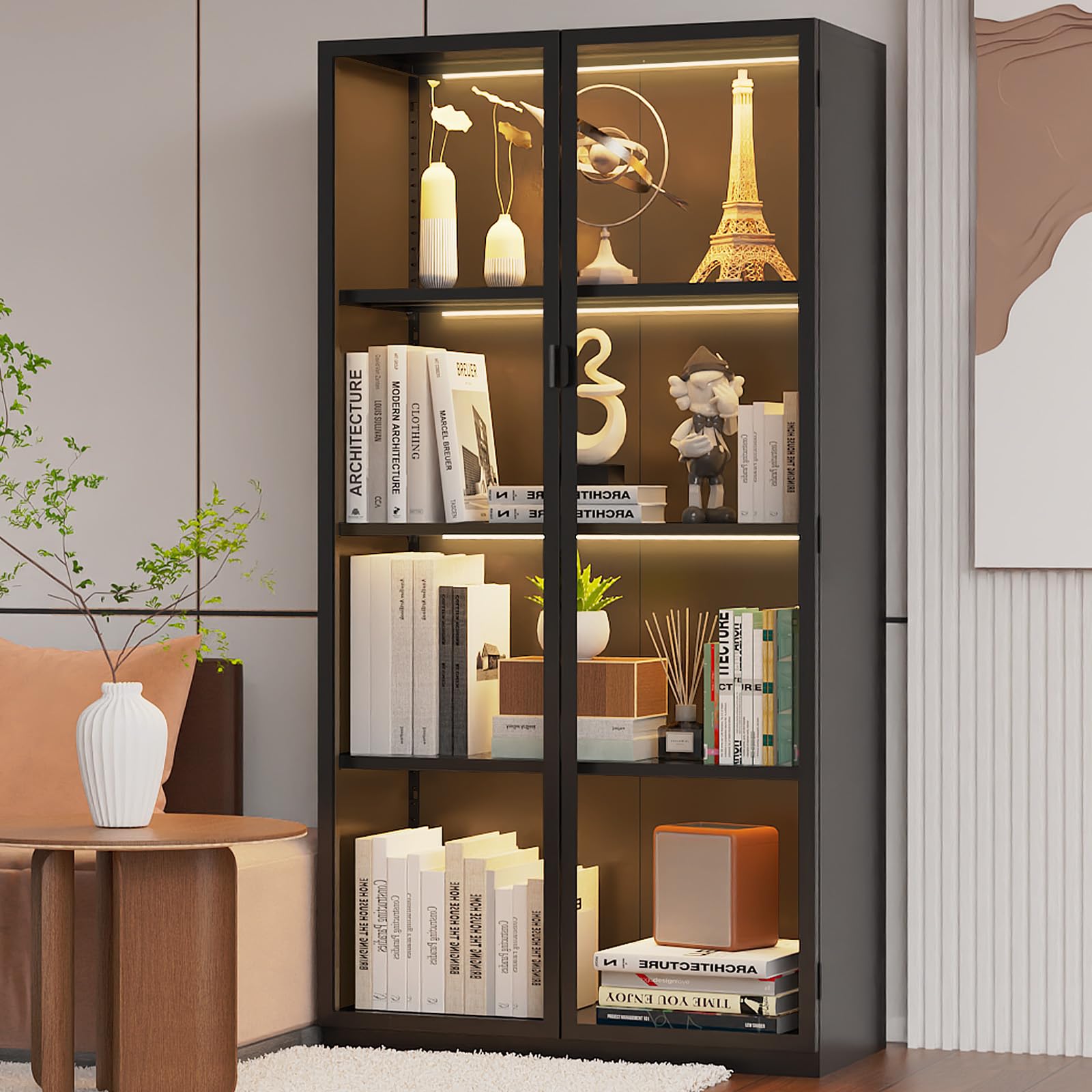 Glass Display Cabinet with LED Lights & Adjustable Shelves - Perfect for Living Room & Office