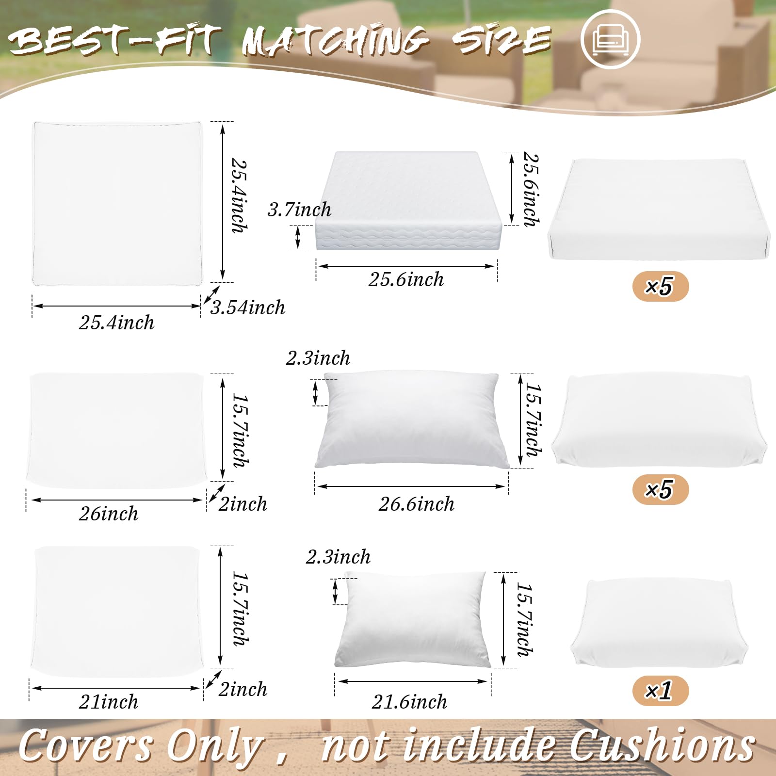 Patelai 11-Piece Outdoor Patio Cushion Covers Set - Waterproof Replacement Slipcovers for Sectional Sofa, Couch & Furniture (3 Sizes, White) - Perfect for Backyard, Deck, Poolside & Garden Seating
