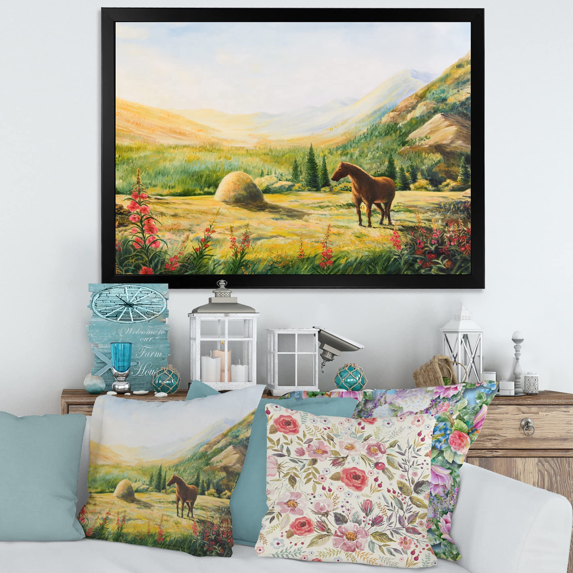 DesignQ Morning Sun In The Mountains With Horse Farmhouse Framed Wall Art - Rustic Countryside Landscape Painting for Living Room, Bedroom & Office Decor