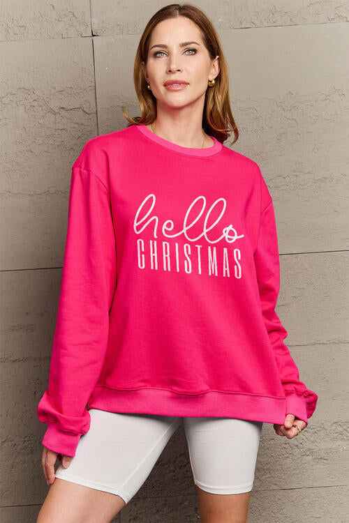 Simply Love Full Size HELLO CHRISTMAS Long Sleeve Sweatshirt - Cozy Holiday Pullover for Women, Festive Christmas Sweater, Xmas Gift Idea for Family & Friends - Perfect for Holiday Parties, Family Gatherings & Winter Outfits