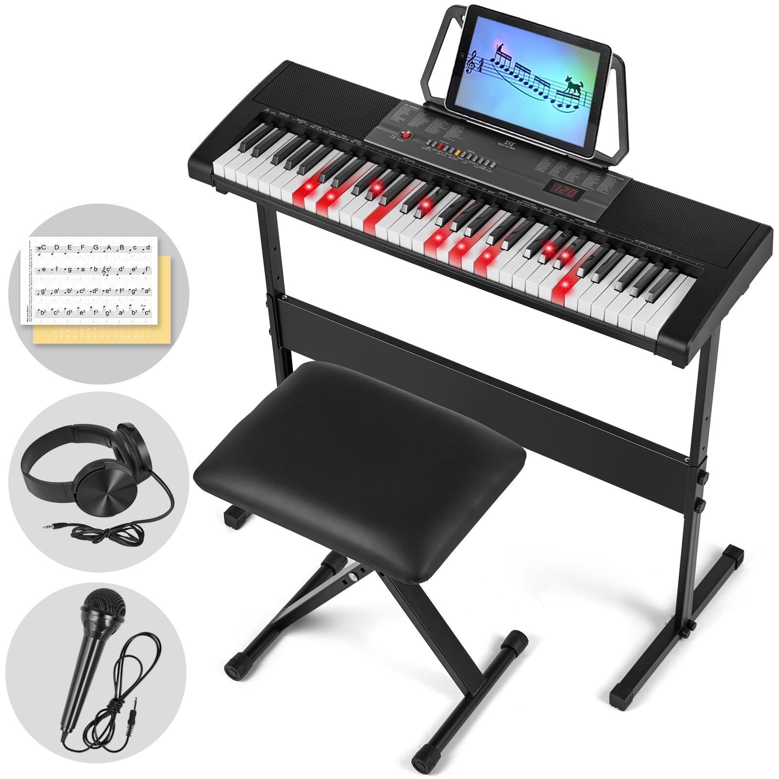 MUSTAR 61-Key Lighted Keyboard Piano for Beginners - Electric Piano with Stand, Bench, Headphones & Microphone - Portable Digital Piano with Built-in Speakers & Note Stickers - Perfect for Home Learning, Music Practice & Gift Giving