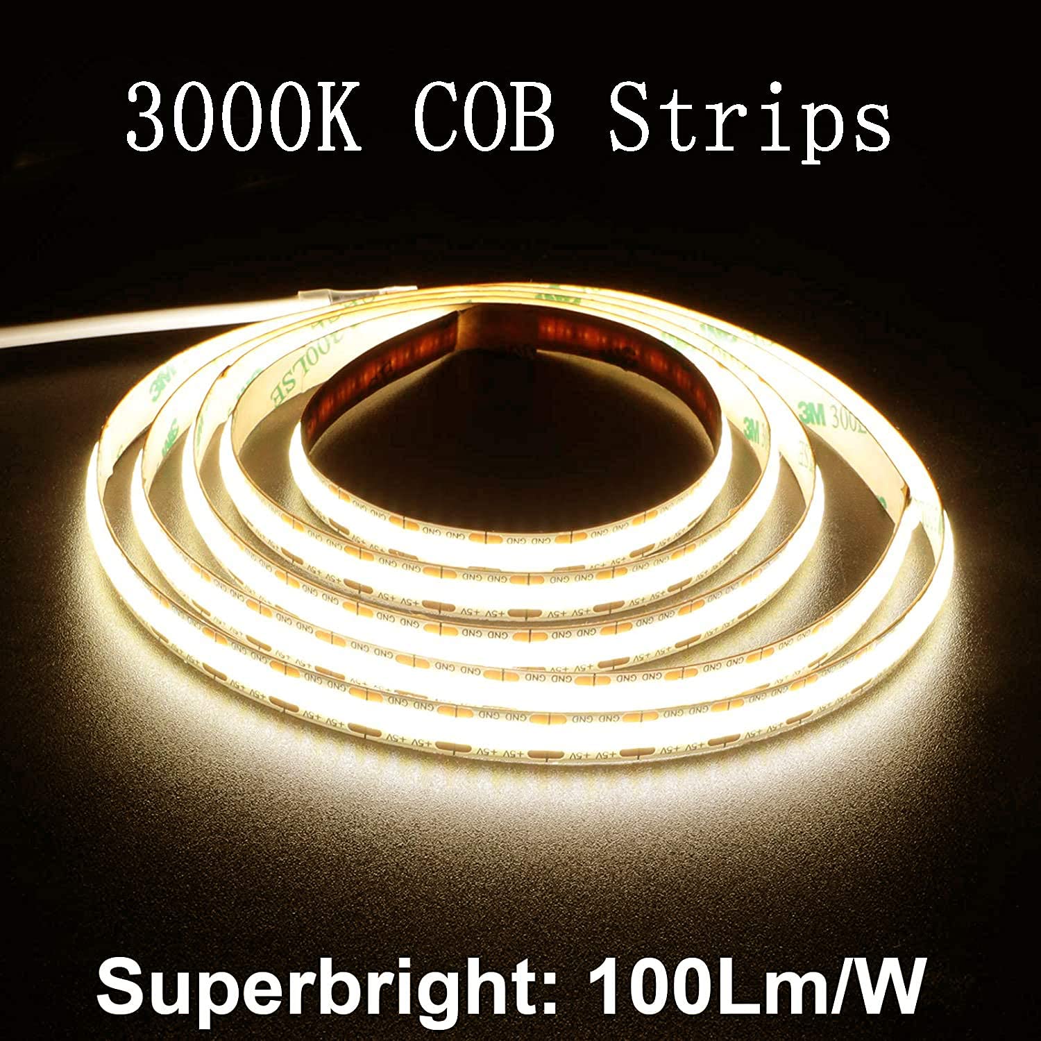 Warm White USB LED Strip Lights 5V 5ft - 3000K COB Tape for TV Backlight, Bedroom