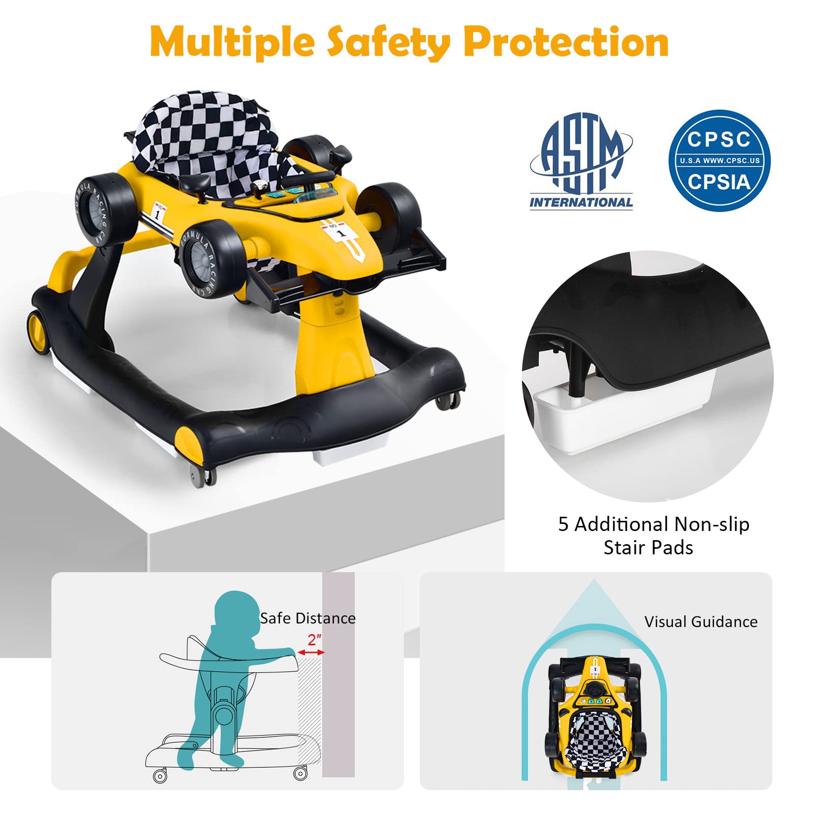**HONEY JOY 4-in-1 Baby Walker & Activity Push Walker – Adjustable Height (3 Levels), Smooth Wheels with Speed Control, Padded Seat, Music & Lights, Foldable – Ideal for Boys & Girls 6+ Months (Yellow) – Perfect for Learning to Walk, Playtime & Indoor Exploration**
