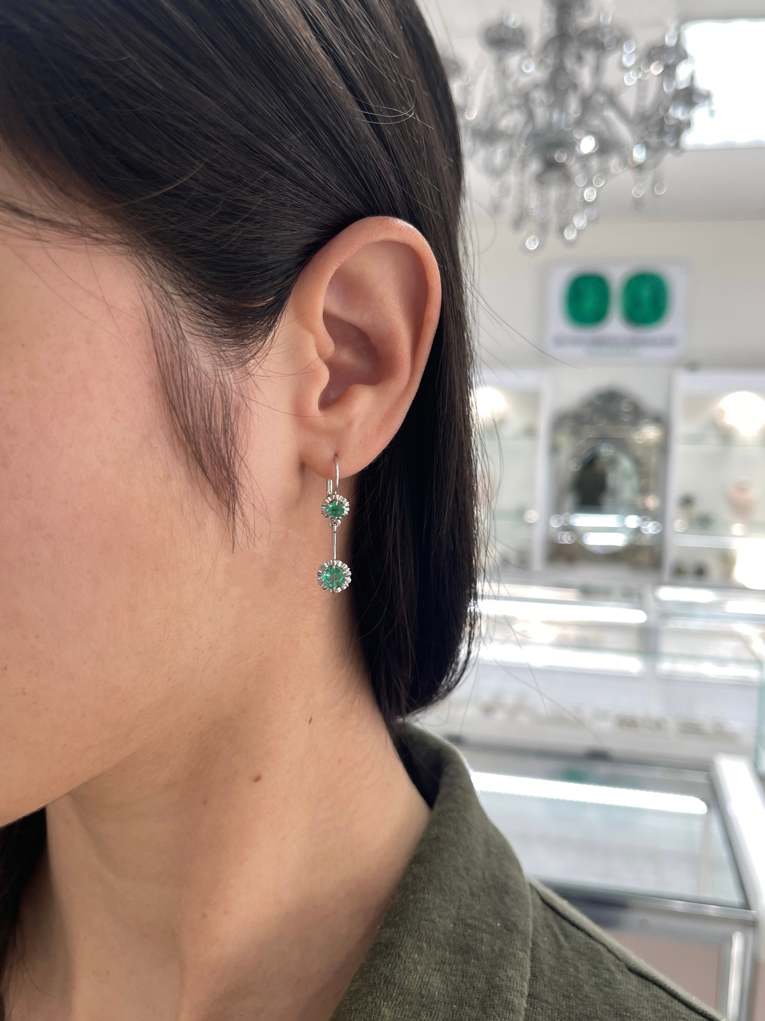 Natural Round Emerald Dangle Earrings - 14K White Gold Buttercup Setting, 31mm Leverback Drop Earrings for Women | Perfect for Weddings, Parties & Special Occasions