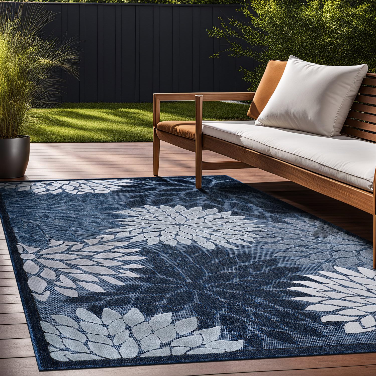 Beverly Rug 8x10 Modern Floral Tropical Indoor Outdoor Area Rug - Non-Shedding, Washable, Easy Clean - Navy Blue - Perfect for Patio, Living Room, Porch & Garden Decor