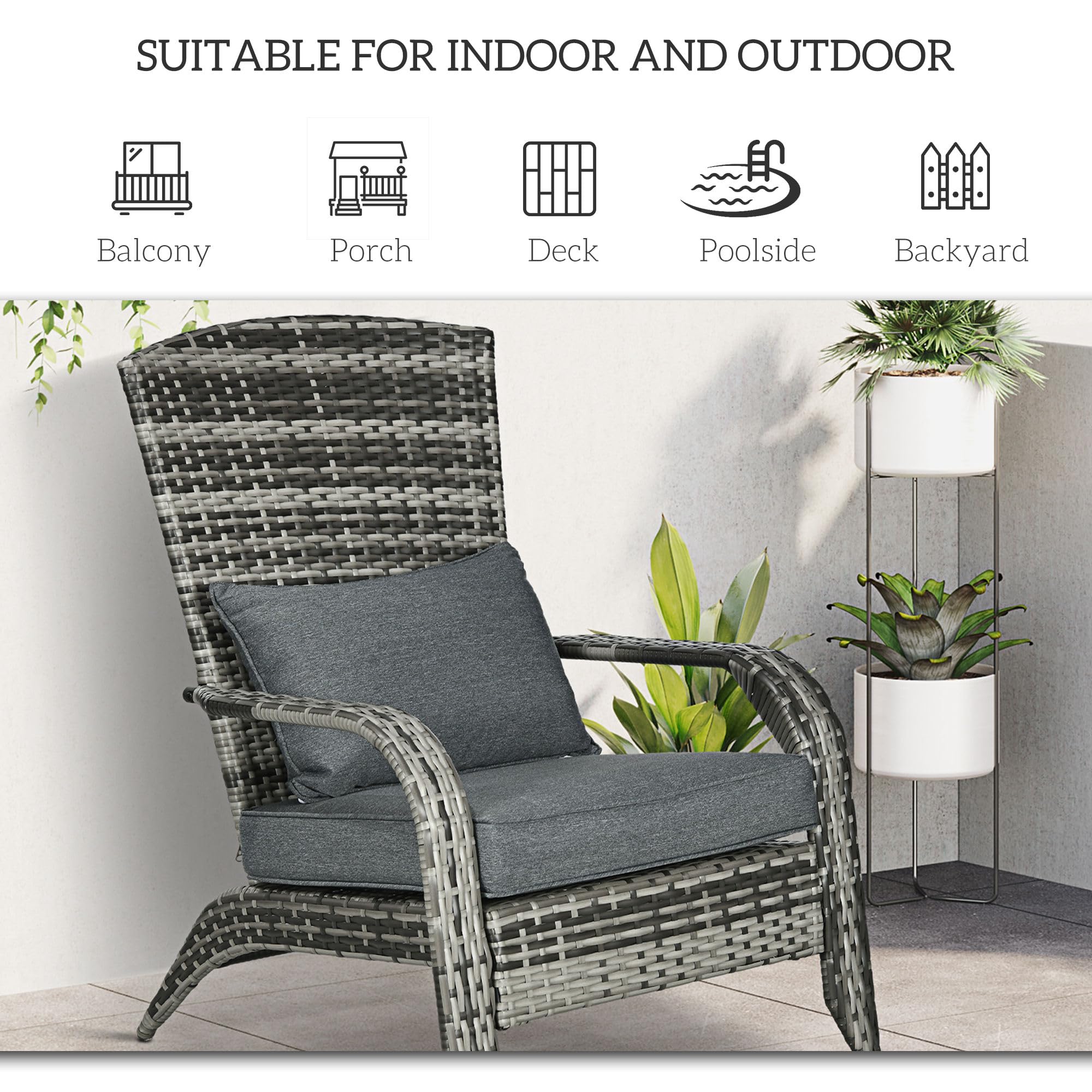 Outsunny Patio Wicker Adirondack Chair - All-Weather Outdoor Rattan Fire Pit Chair with Soft Cushions, Tall Curved Backrest & Comfortable Armrests - Perfect for Deck, Garden, Backyard or Poolside Relaxation (Gray)