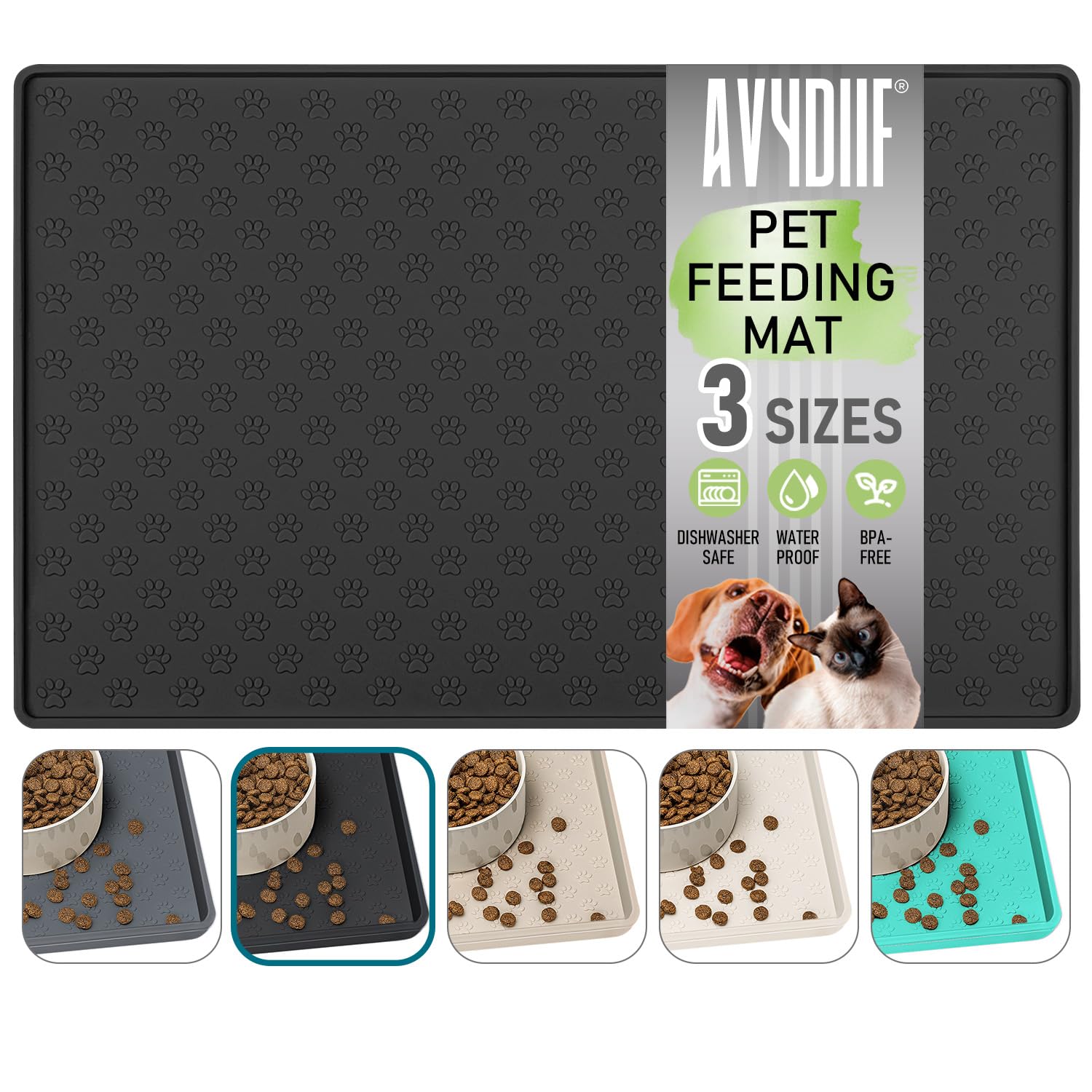 Premium Silicone Pet Food Mat - Non-Slip Waterproof Dog & Cat Feeding Mat with Raised Edges to Prevent Mess & Spills - Dishwasher Safe Floor Protector for Pets (Black, 24