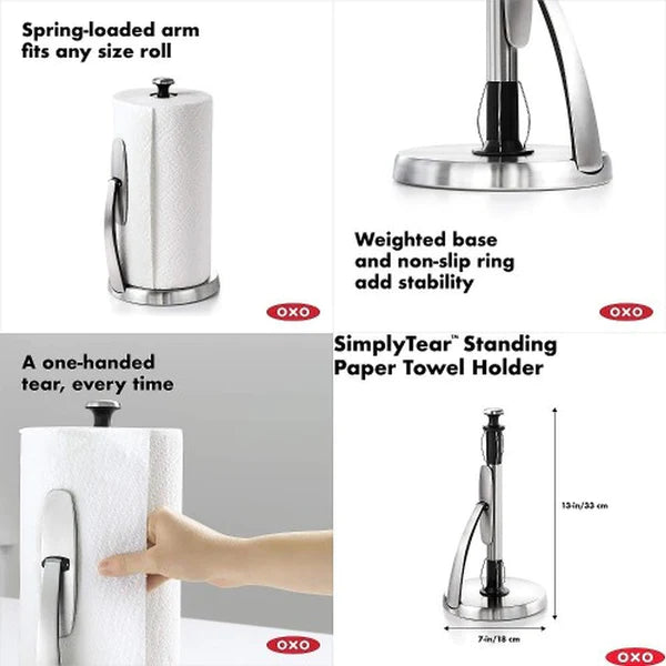 OXO Good Grips Simple Tear Paper Towel Holder - Stainless Steel Kitchen Roll Dispenser for Countertop, Perfect for Cooking, Cleaning & Home Organization