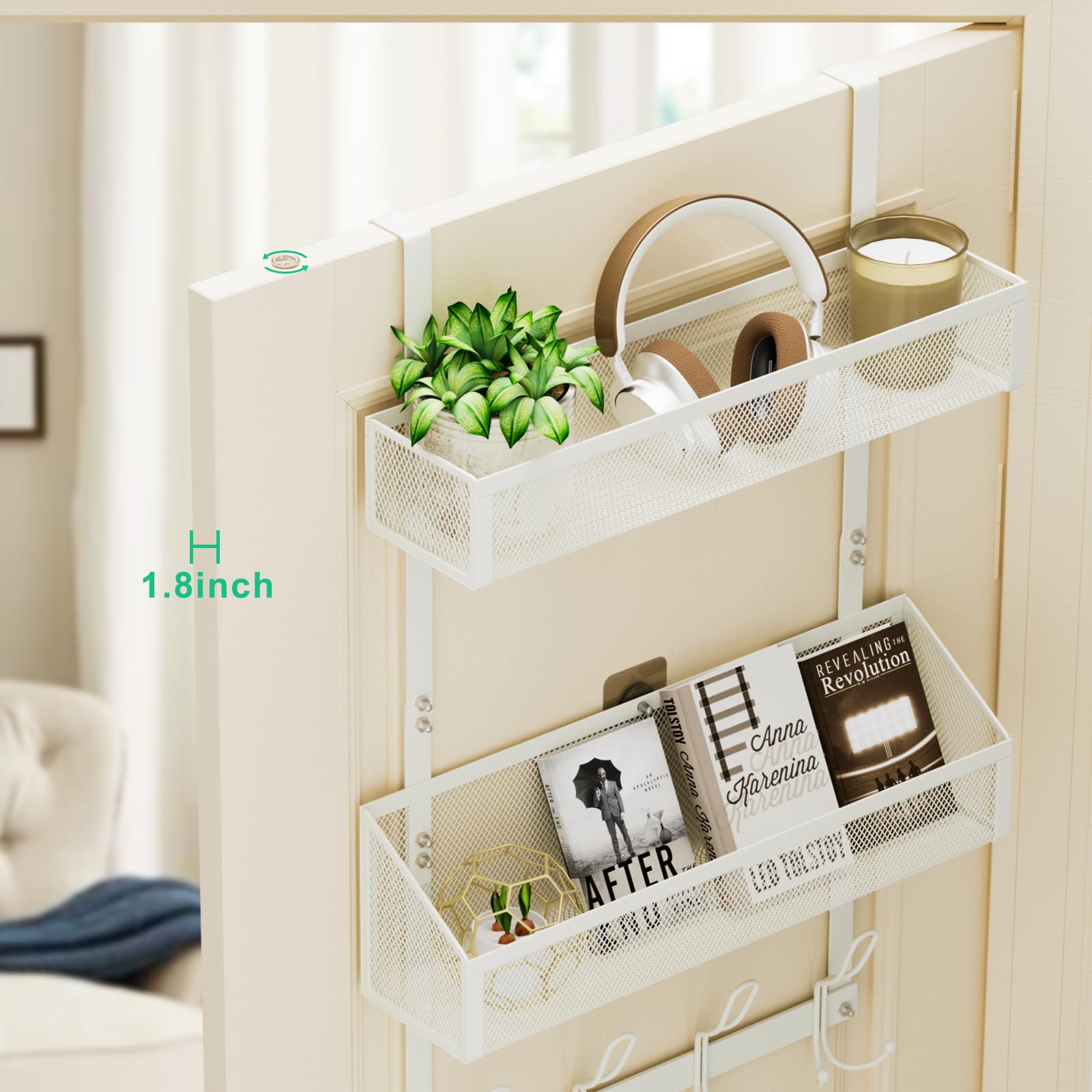 Hocookeeper Over The Door Hooks & Baskets - 12 Sturdy Hooks & 2 Durable Mesh Baskets for Bathroom, Kitchen, Bedroom Storage Organizer - Space Saving White Door Hanger for Towels, Robes, Keys & Small Items