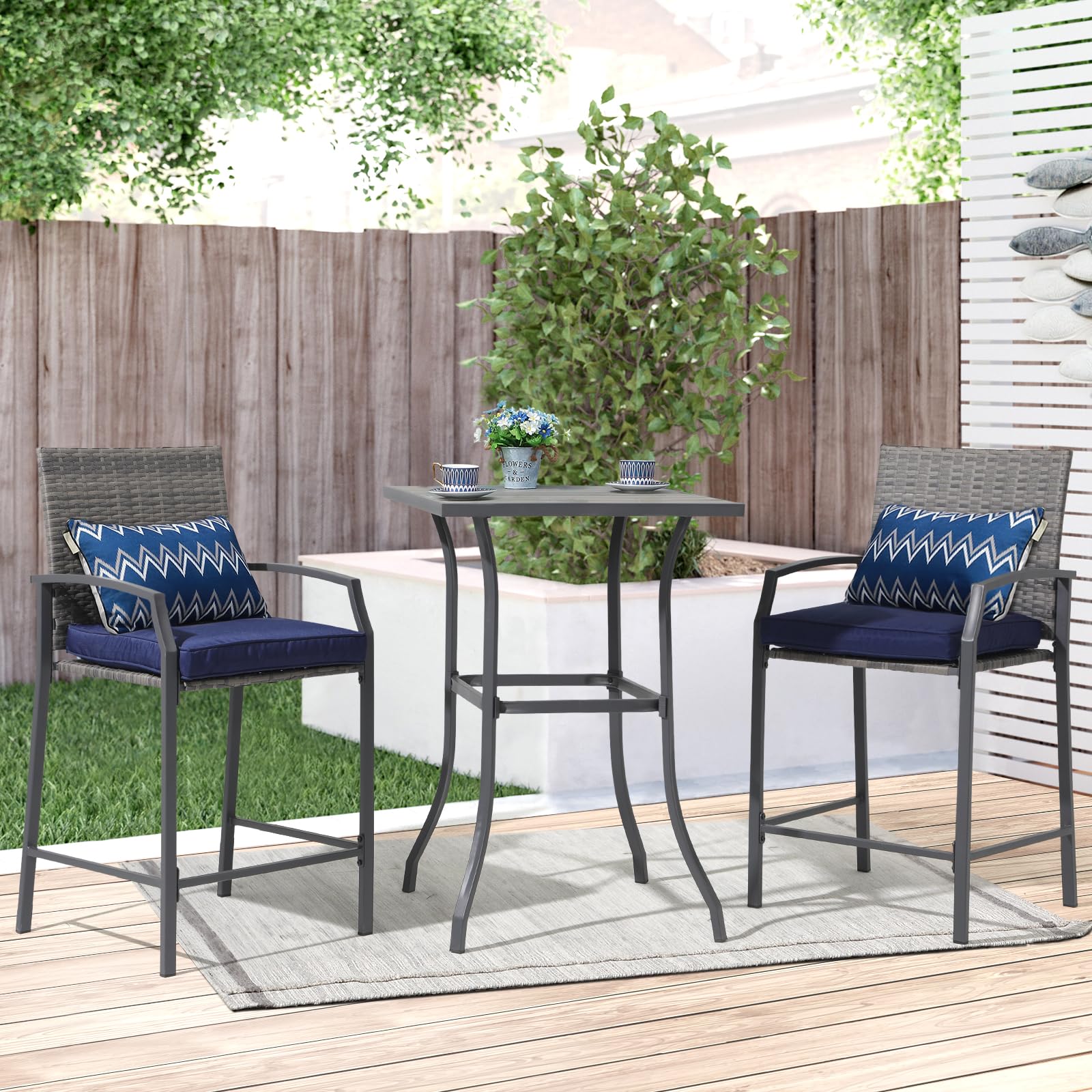 JOIVI 3-Piece Outdoor Patio Bar Set - Counter Height Wicker Bar Stools with Wood Top Table, 2-Person Bistro Set Includes 2 Bar Chairs with Cushions - Perfect for Backyard, Balcony, Deck, and Garden Entertaining
