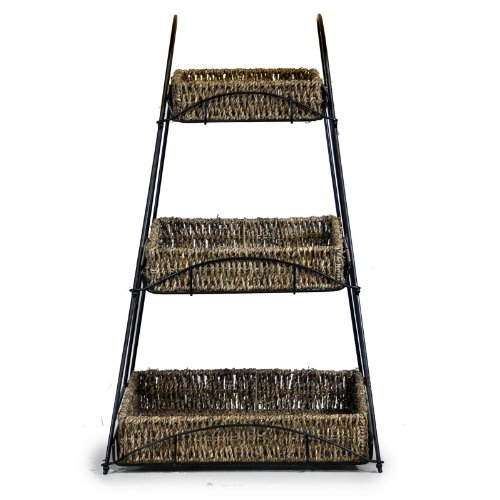 Lucky Clover Tristan Triple Tiered Square Display Stand with Handwoven Seagrass Baskets - Rustic Home Decor for Bathroom, Kitchen, or Living Room Organization