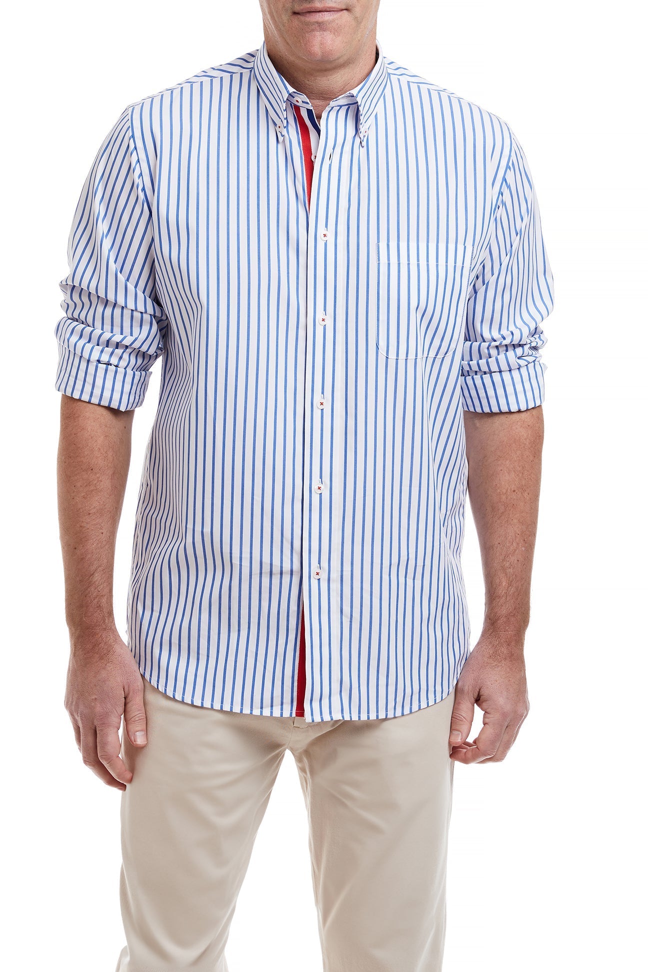 Chase Shirt Blue Stripe with Red White and Royal Blue Grosgrain | Classic Striped Men's Dress Shirt | Perfect for Business Casual & Formal Occasions