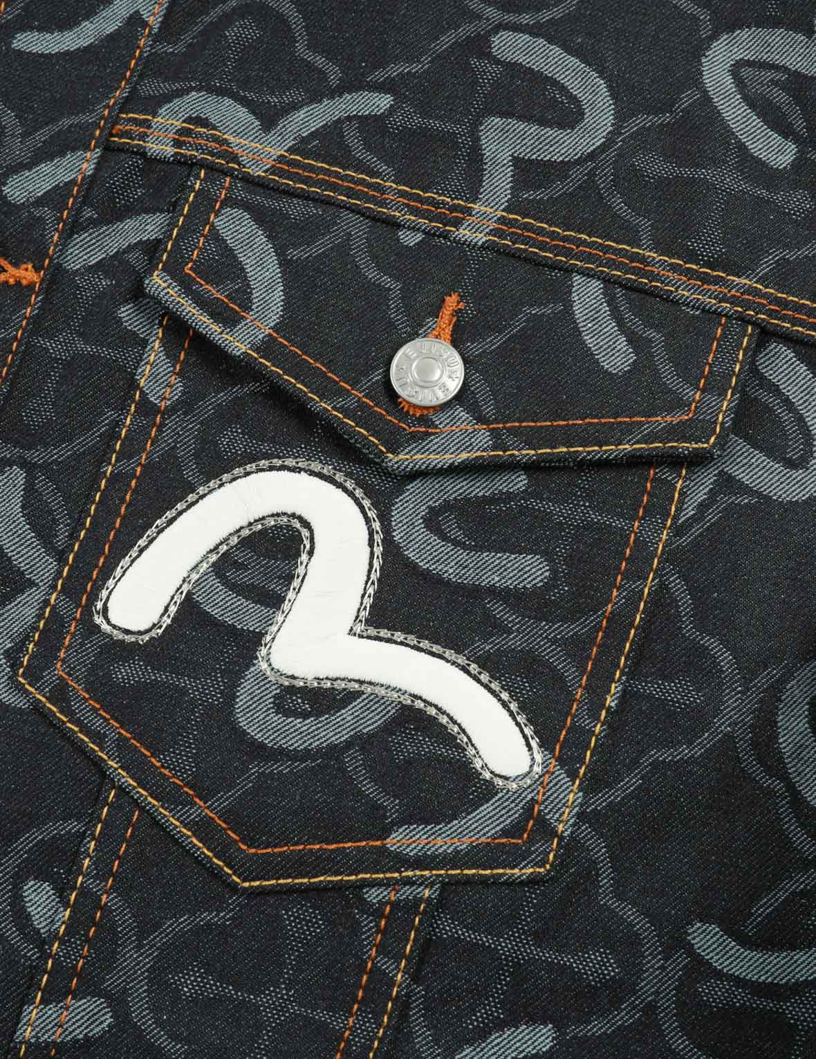 Vintage Allover Seagull & Kamon Jacquard Relaxed Fit Denim Jacket for Men & Women | Casual Streetwear, Spring Fall Layering, Retro Fashion Outfit