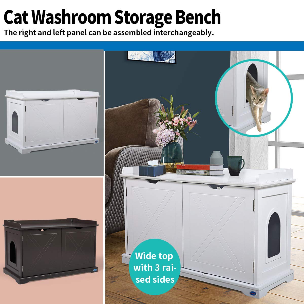 Multifunctional Wooden Cat Litter Box Furniture - Hidden Washroom Storage Bench Cabinet with Removable Panel & Spacious Interior (Brown) - Perfect for Small Spaces & Home Décor
