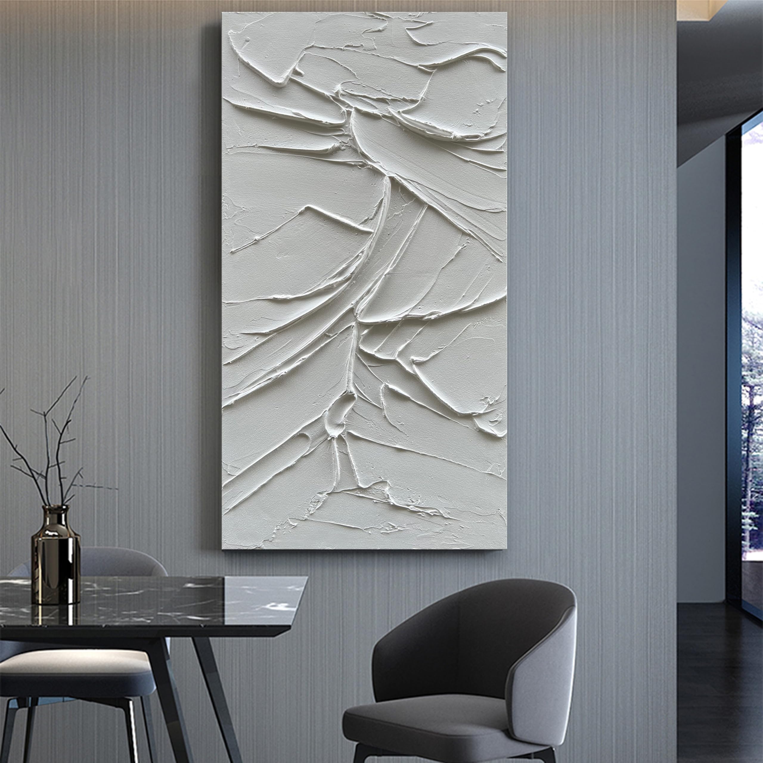 Hand Painted White Abstract Modern Oil Painting - 48x24 Inch Contemporary Textured Canvas Wall Art - Minimalist Home Decor for Living Room, Bedroom & Office