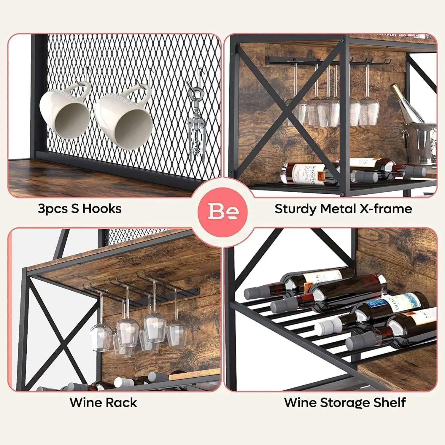 Bestier Coffee Bar Storage Cabinet with Mesh Panel and Wine Rack - Stylish Kitchen Organizer for Coffee, Wine & Bar Essentials - Perfect for Home, Office or Cafe Use