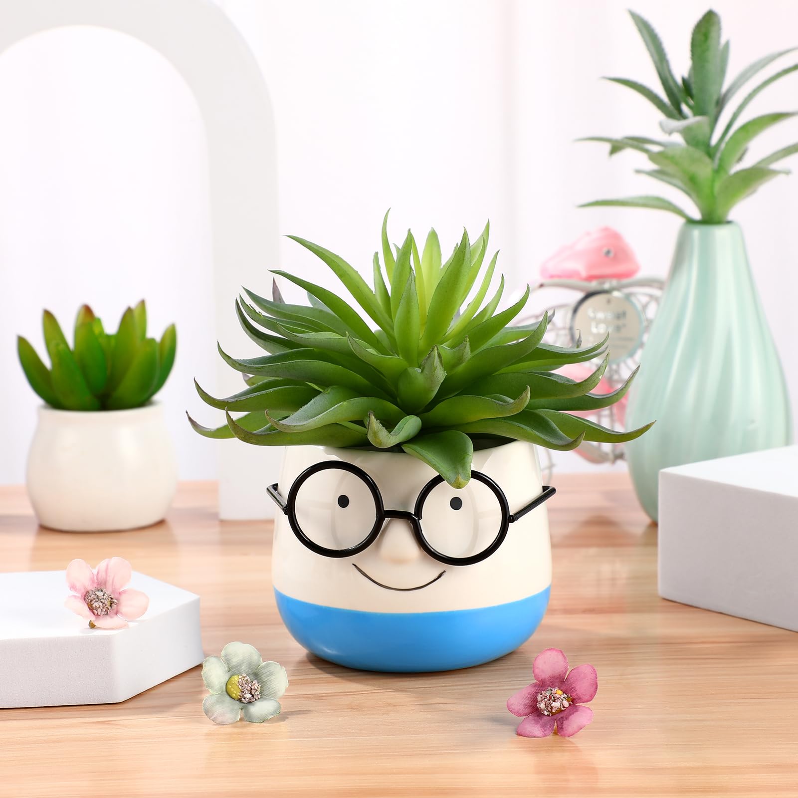PRETYZOOM Ceramic Plant Pot with Eyeglasses Design - 6 Inch Bonsai Flower Pot, Succulent Planter, Pen Holder & Brush Cup for Home Office Desk Decor | Perfect for Small Plants, Cactus, Office Supplies Organization