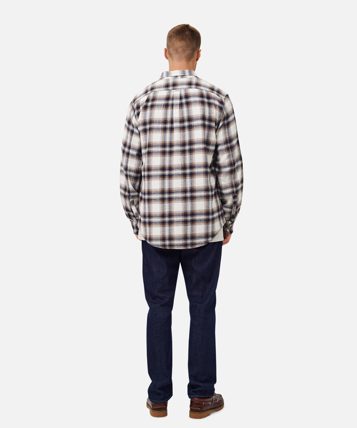 Attwater Long Sleeve Shirt for Men - Stone & Navy Plaid Flannel Button-Up - Perfect for Casual Wear, Outdoor Adventures & Layering in Fall & Winter