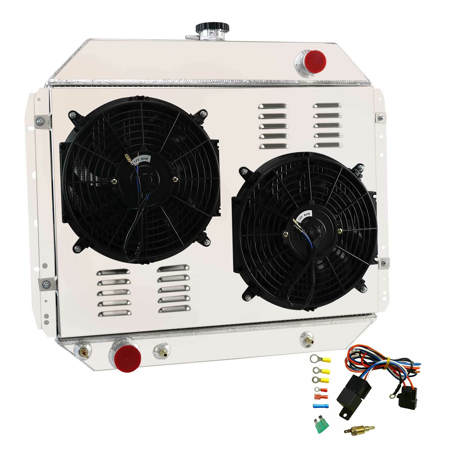 CU433 Aluminum Radiator for 1966-1979 Ford F100 F150 F250 F350 F500 Bronco Truck - 3 Row Heavy Duty Cooling System with Shroud Fans & Relay - Perfect for Off-Roading, Towing & Engine Performance Upgrades