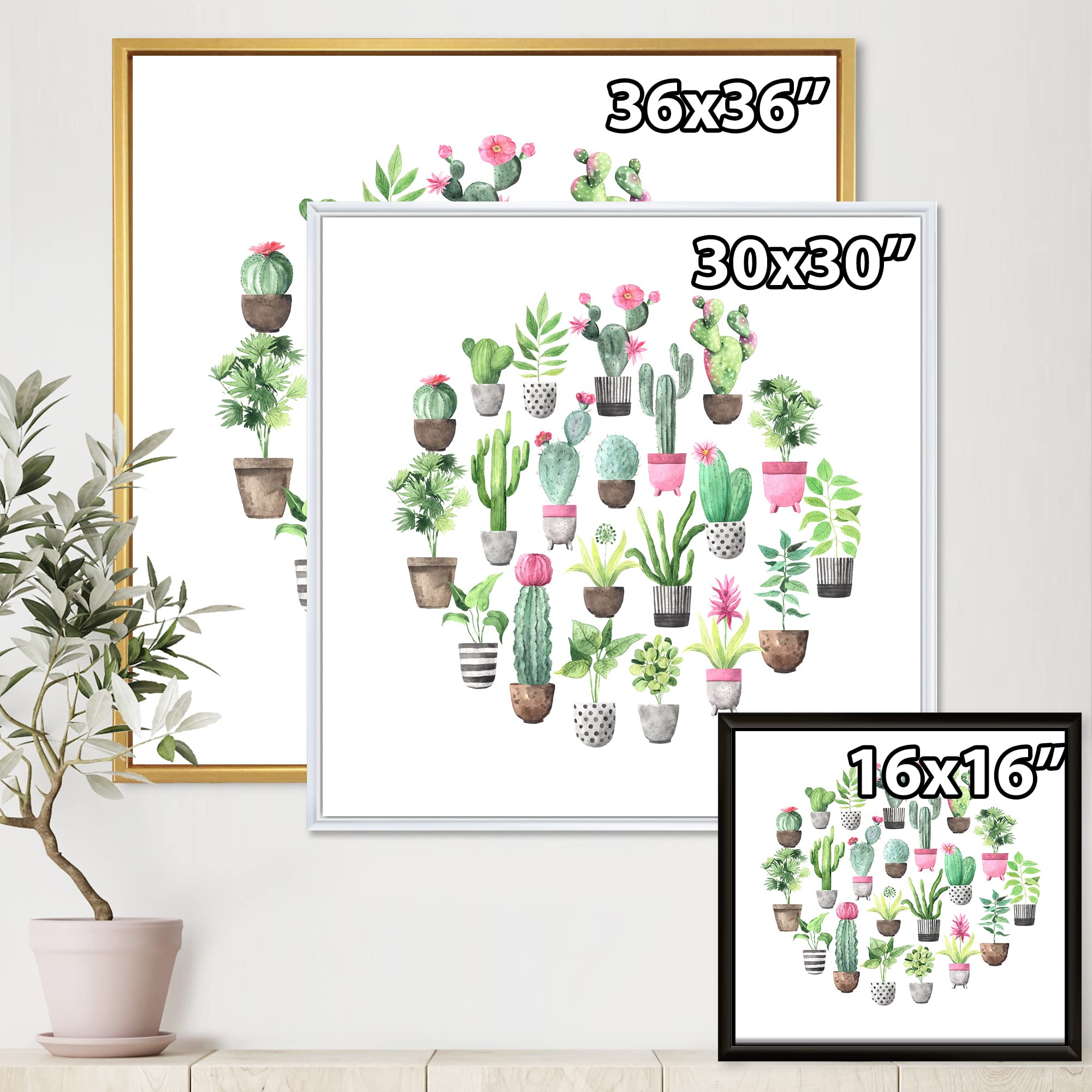 DesignQ Cacti in Ceramic Pots - Soft Tone Traditional Framed Canvas Wall Art Print | Perfect for Boho Home Decor, Living Room & Office Wall Art