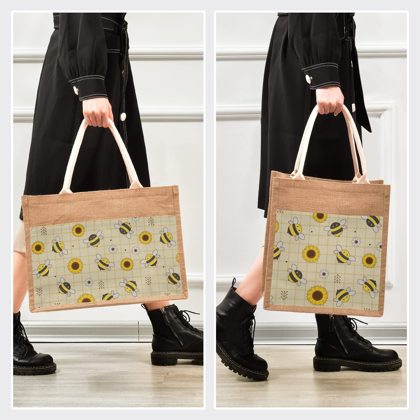 Stylish Cute Bee Sunflower Jute Tote Bag with Zipper & Handles - 12x9 Inch Reusable Canvas Shopping Grocery Bag for Women - Perfect for Travel, Picnic, Beach & Farmers Market