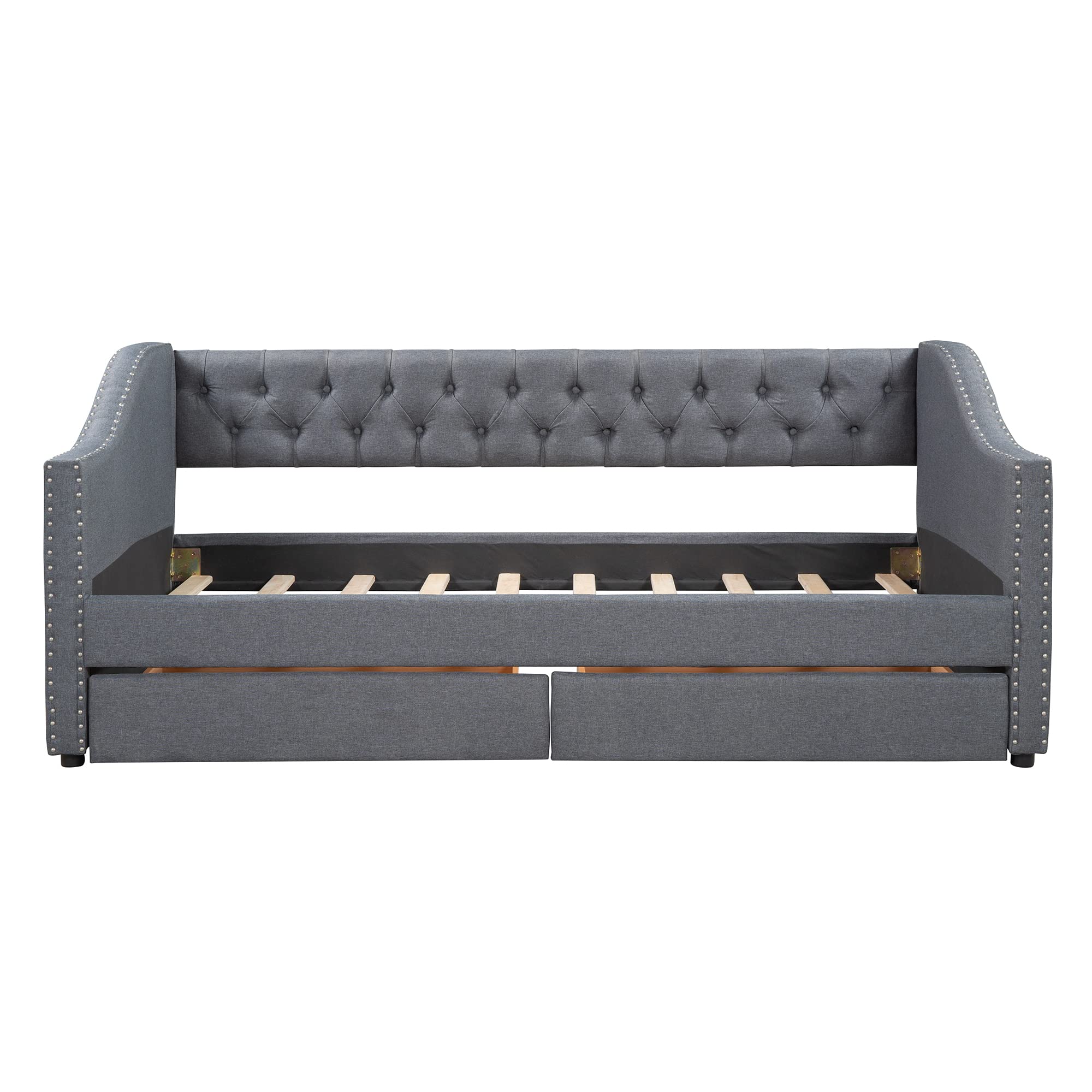 Gray Velvet Upholstered Daybed with 2 Drawers - Twin Size Sofa Bed with Wooden Slat Support for Living Room & Bedroom - Perfect for Guest Sleeping, Lounge Relaxation & Small Space Solutions