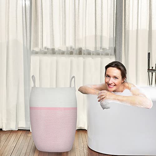 Large Woven Laundry Basket with Handles - Tall Nursery Hamper for Baby Clothes, Blankets & Towels - Decorative Storage Basket for Kids, Living Room & Nursery Organization - Pink & White Cotton Fabric Basket (Perfect for Baby Rooms, Playrooms & Home Organization)