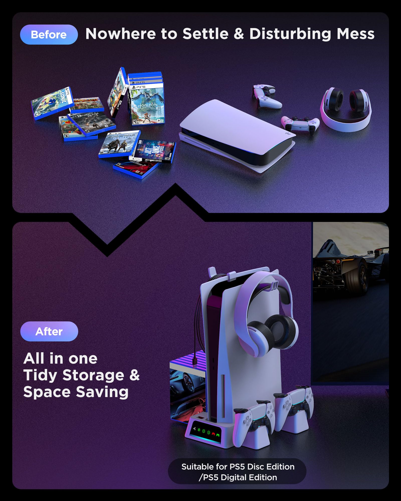 YOGES PS5 Stand with Cooling Fan & Dual Controller Charger - White | 2H Fast Charging Station with Temperature Sensor & 2 Headset Holders | Perfect for Gaming Setup & Console Protection