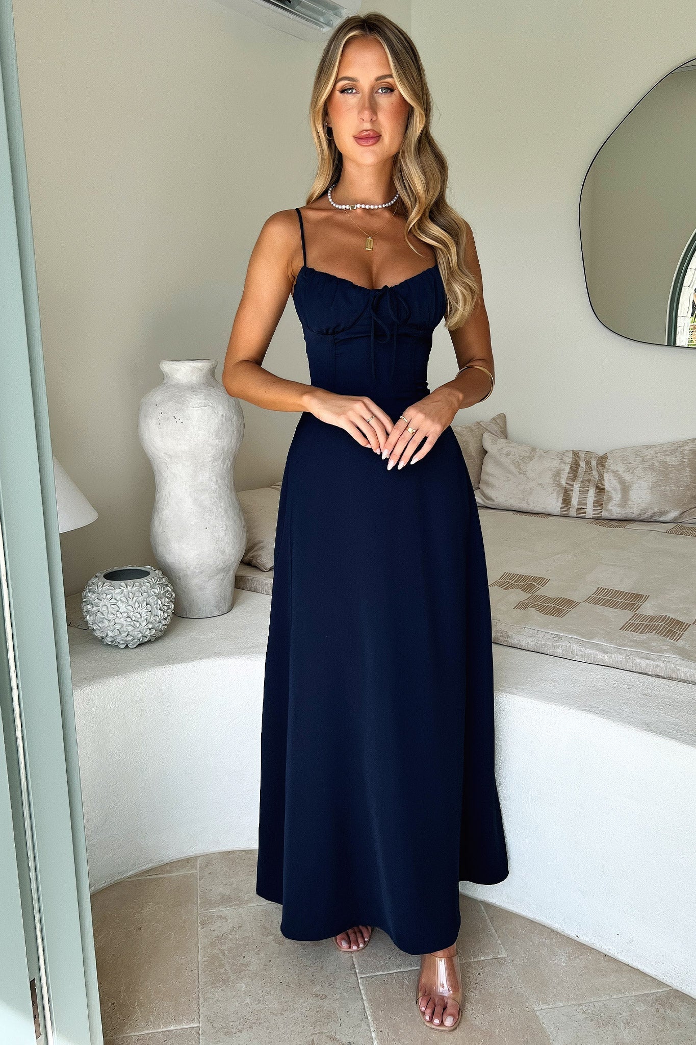 Magdalena Navy Blue Maxi Dress for Women - Elegant Long Flowy Summer Dress for Beach, Vacation & Casual Wear