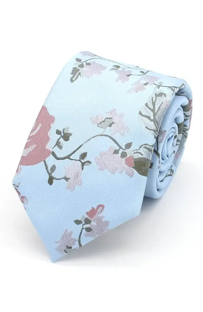 LA Smith Dusky Rose On Sky Large Floral Tie - Elegant Floral Pattern Necktie for Men, Perfect for Weddings, Parties & Formal Occasions