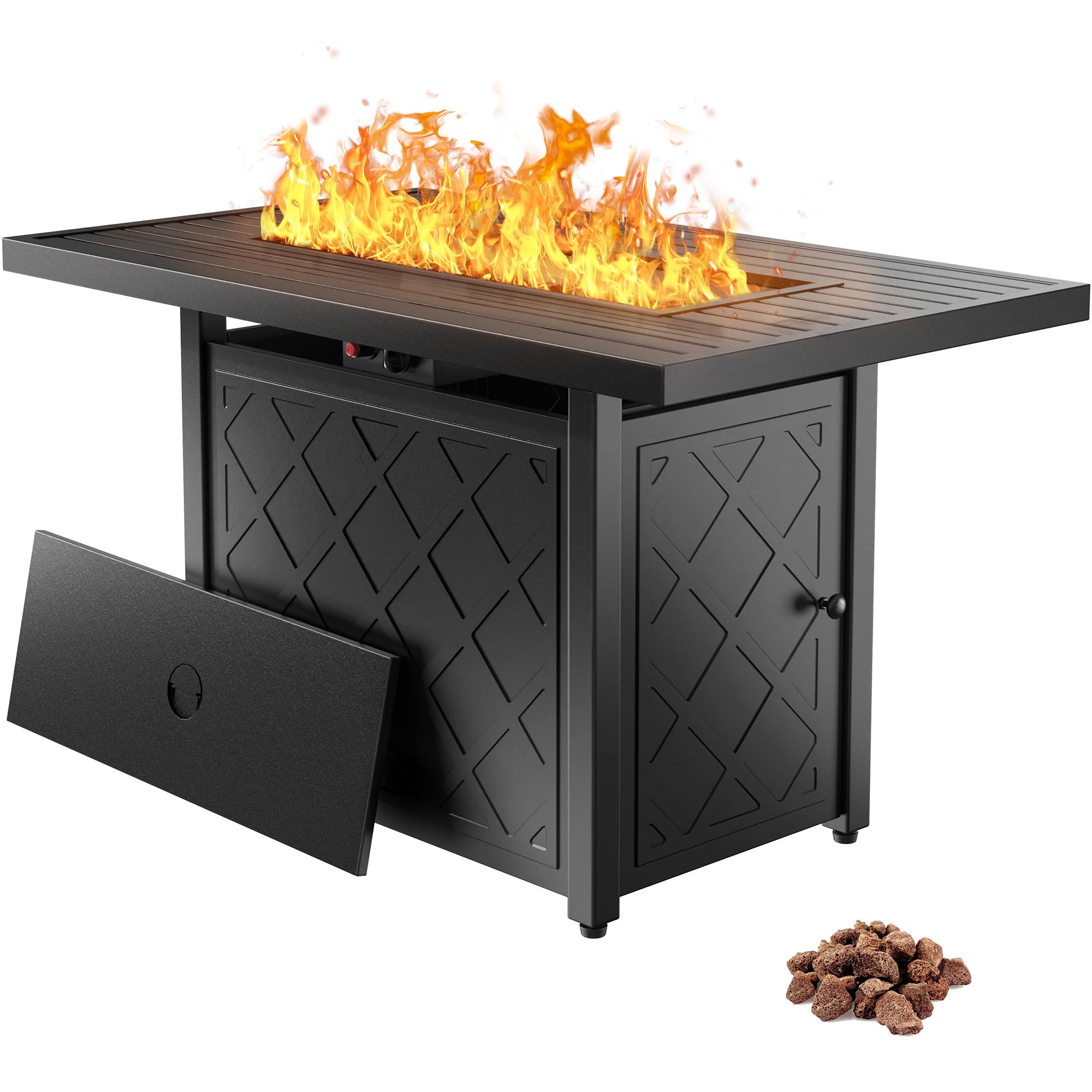 YITAHOME 43 Inch Black Rectangular Propane Fire Pit Table - 50,000 BTU Outdoor Gas Fire Pit with Electronic Ignition, Iron Tabletop & Lava Rocks - Includes Cover - Perfect for Patio, Deck, Garden, Backyard & Camping Gatherings