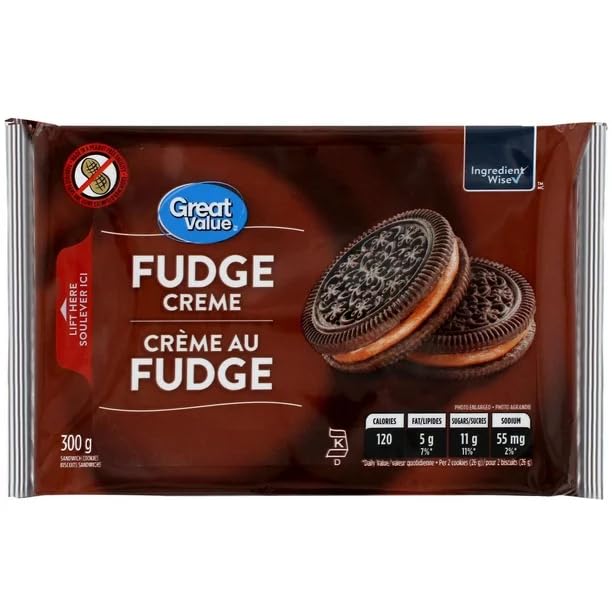 Delicious Great Value Fudge Cream Sandwich Cookies, 300g/10.6 oz - Rich Chocolate Flavor - Perfect for Snacking, Lunchboxes & Parties (Shipped from Canada)