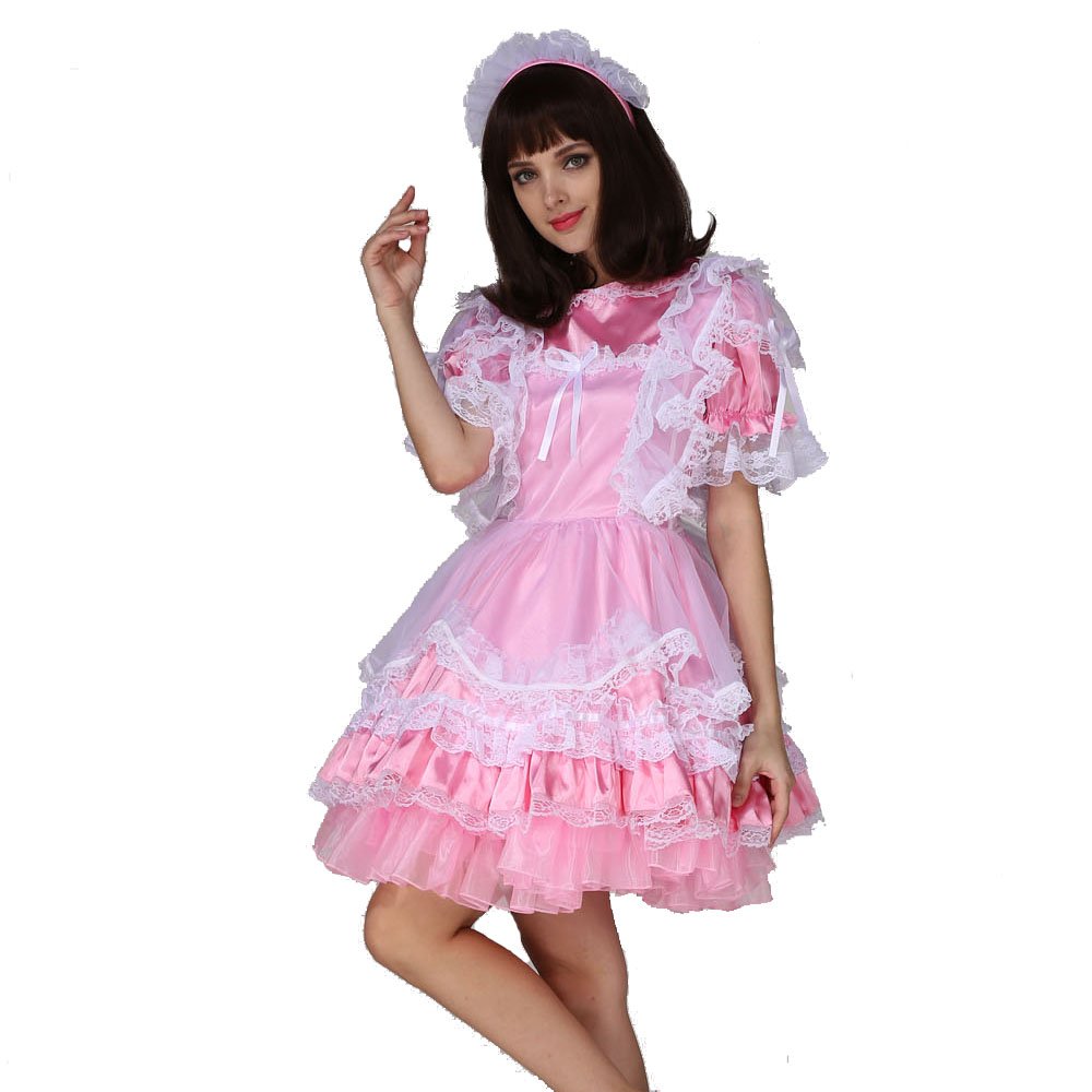 Elegant White Organza and Pink Satin Maid Dress Uniform - Cross Back Design for Cosplay, Halloween, Role Play & Party Costumes