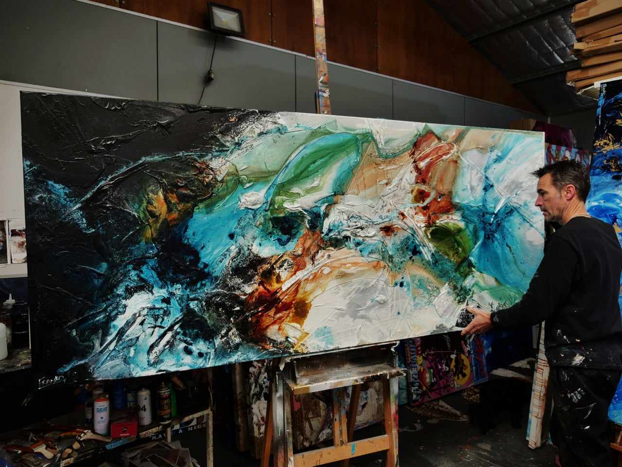 240cm x 100cm Black White Teal Textured Abstract Wall Art Painting - Modern Iron & Oxide Canvas for Living Room, Bedroom & Office Decor
