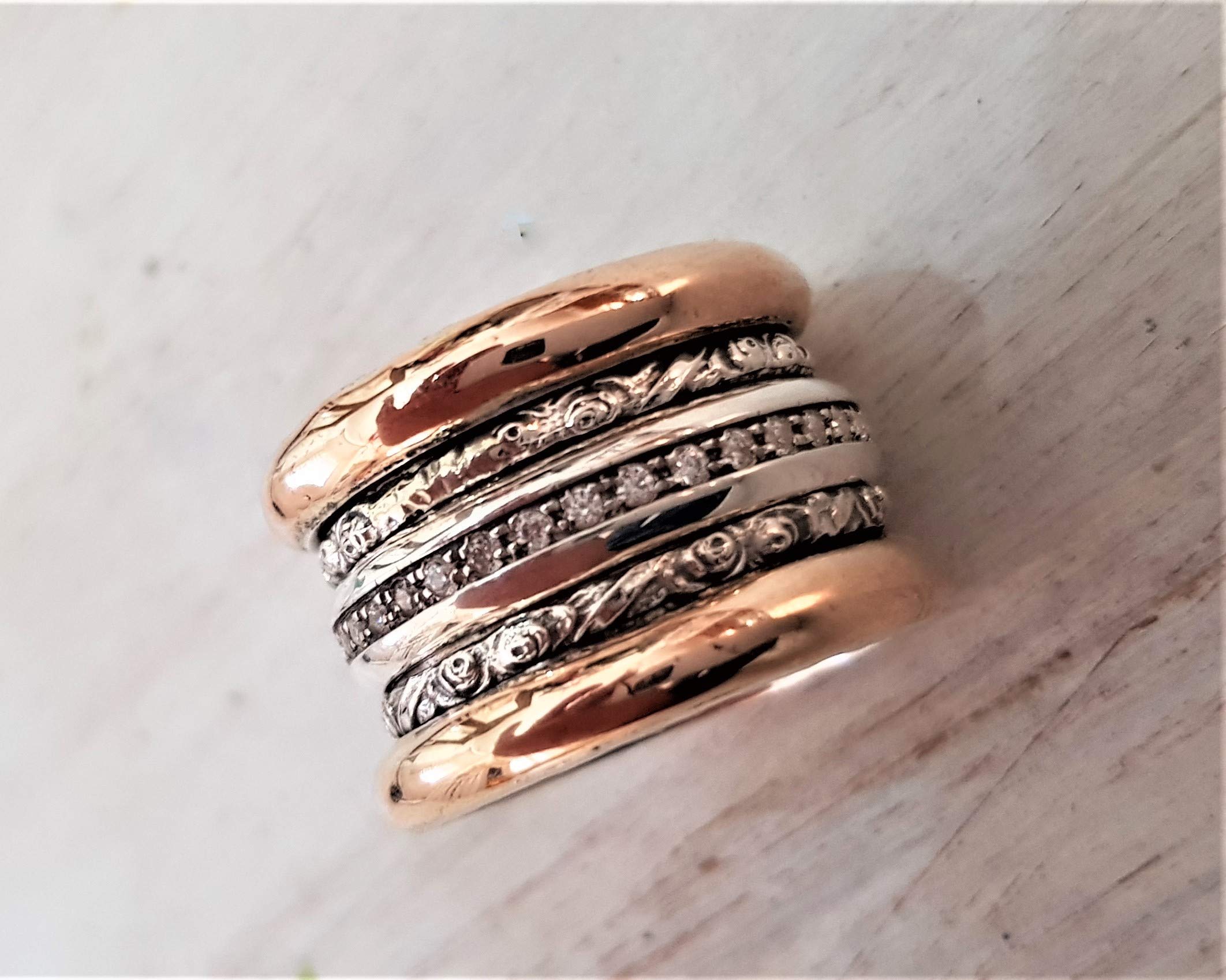 Rose Gold Spinner Ring for Women - 9K Gold & Silver Meditation Ring with Zircons, Wide Boho Wedding Band (Perfect for Stress Relief, Yoga, and Everyday Wear)