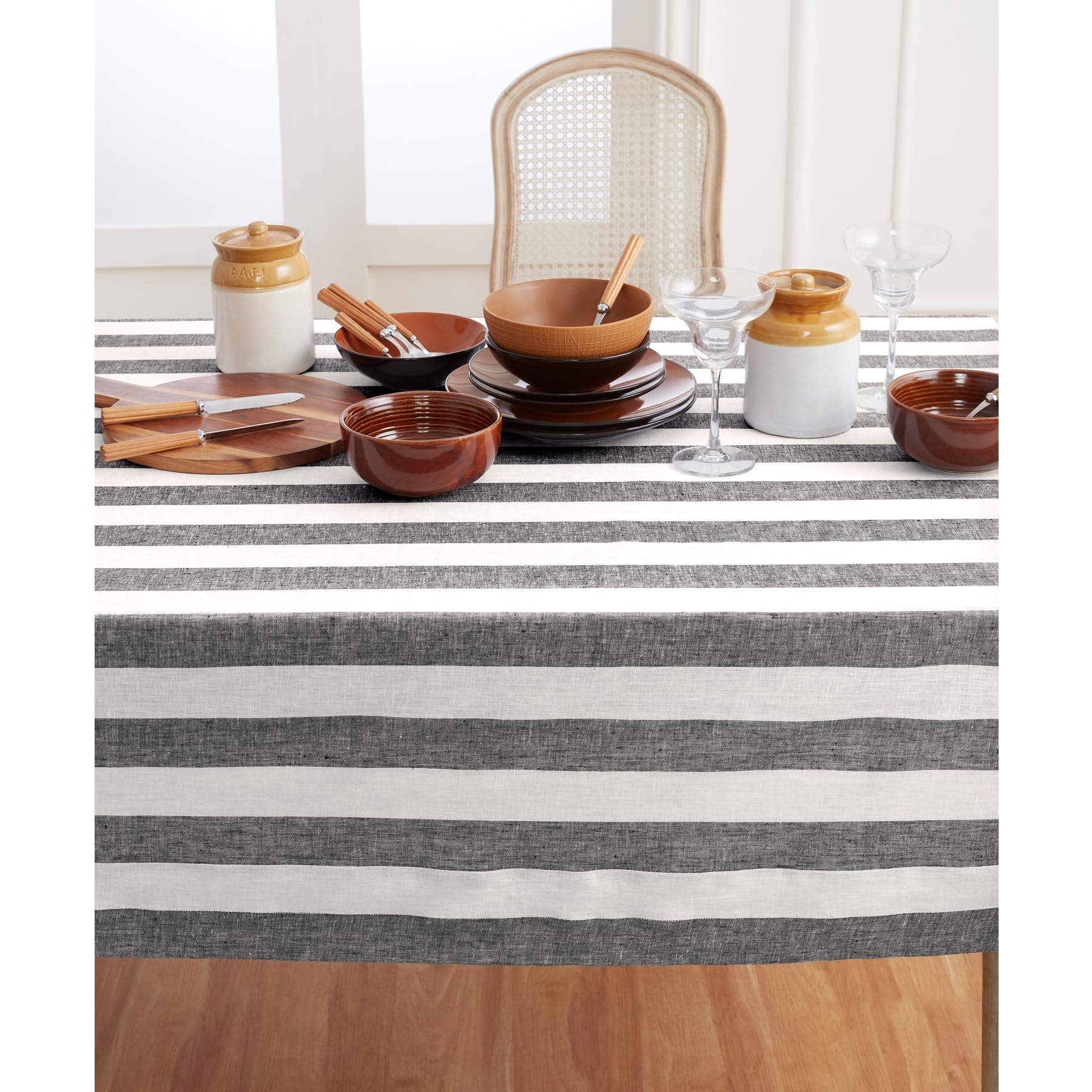 Solino Home 100% Pure Linen Tablecloth 60x108 Inch - Black & White Cabana Stripe Design | Machine Washable & Handcrafted | Perfect for Spring Decor, Easter Table Setting, Mother's Day Gift & Dining Room Elegance