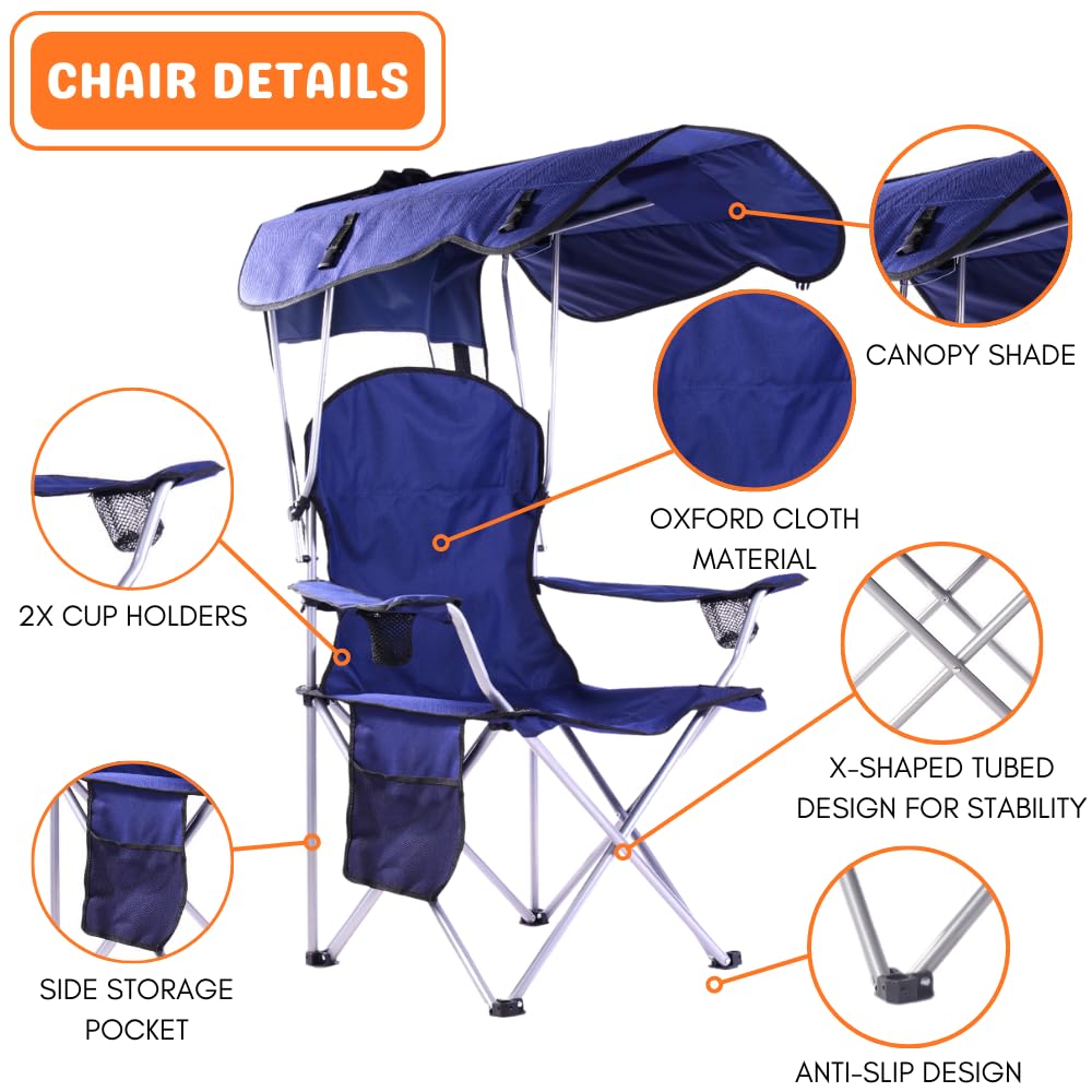 CozyBox Portable Folding Camping Chair with Canopy Shade - Heavy Duty 600D Oxford Fabric Beach Chair for Adults - Weather Resistant Outdoor Lounge Chair for Camping, Beach, Picnic, Backyard & Tailgating [Navy]