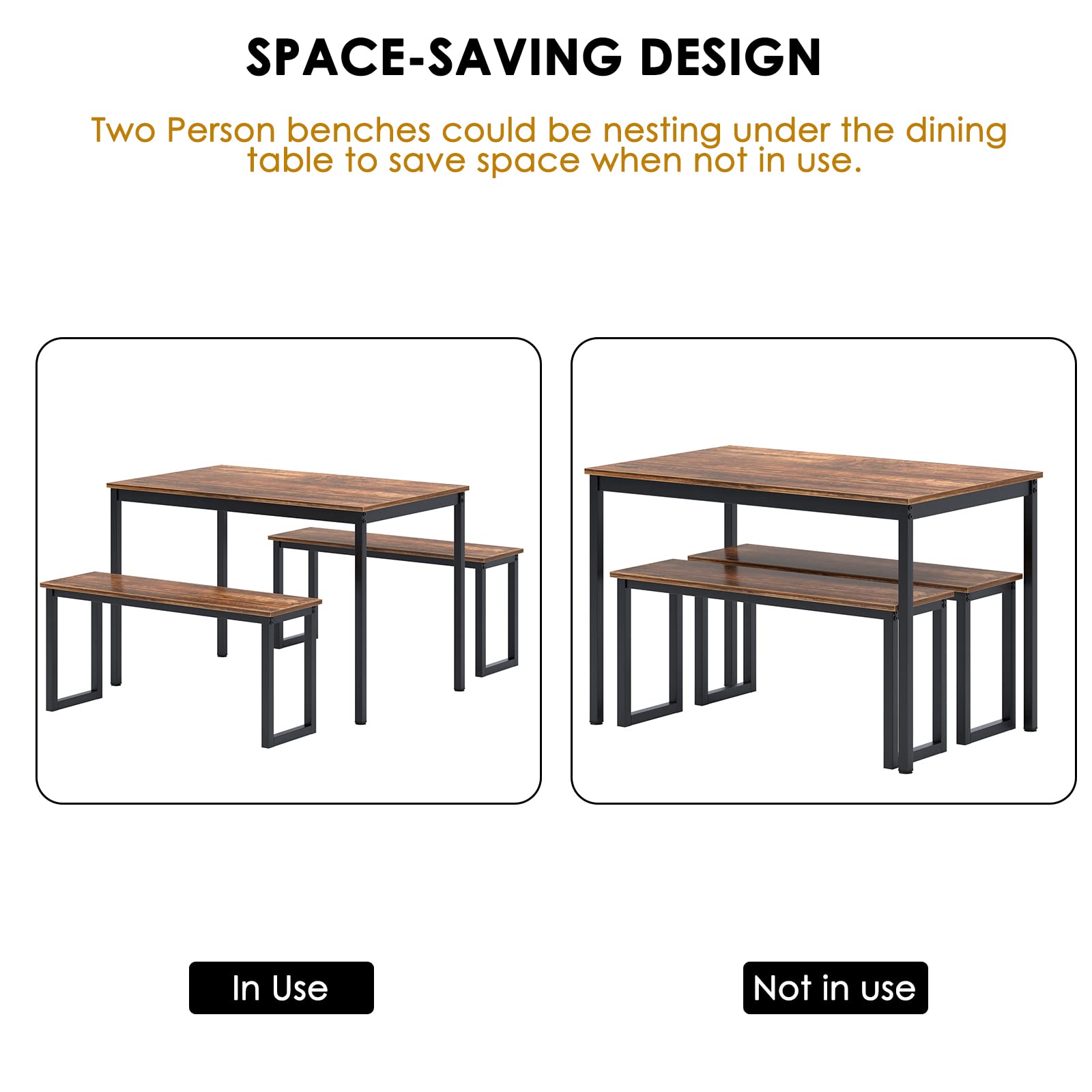 DLANDHOME 4-Piece Industrial Style Wooden Dining Table Set with 2 Benches - Perfect for Small Kitchens, Apartments & Breakfast Nooks | Modern 3-Piece Kitchen Table Set for Dining Room, Coffee Time & Family Gatherings