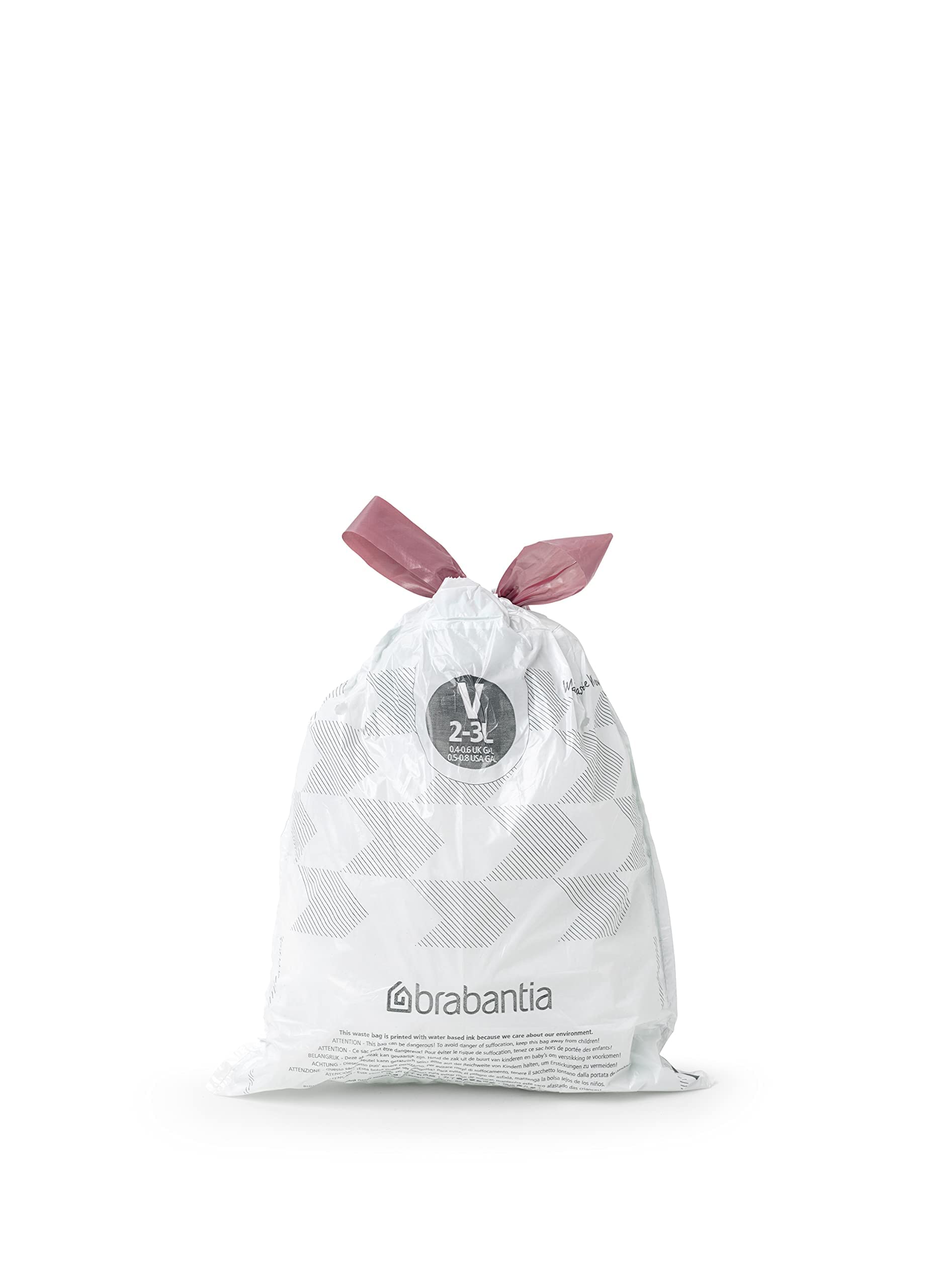 Brabantia PerfectFit Trash Bags - 200 Count, Size V (0.5-0.8 Gallon) - Thick Plastic Drawstring Trash Can Liners with Handles - Ideal for Small Bathroom, Office, or Bedroom Waste Bins
