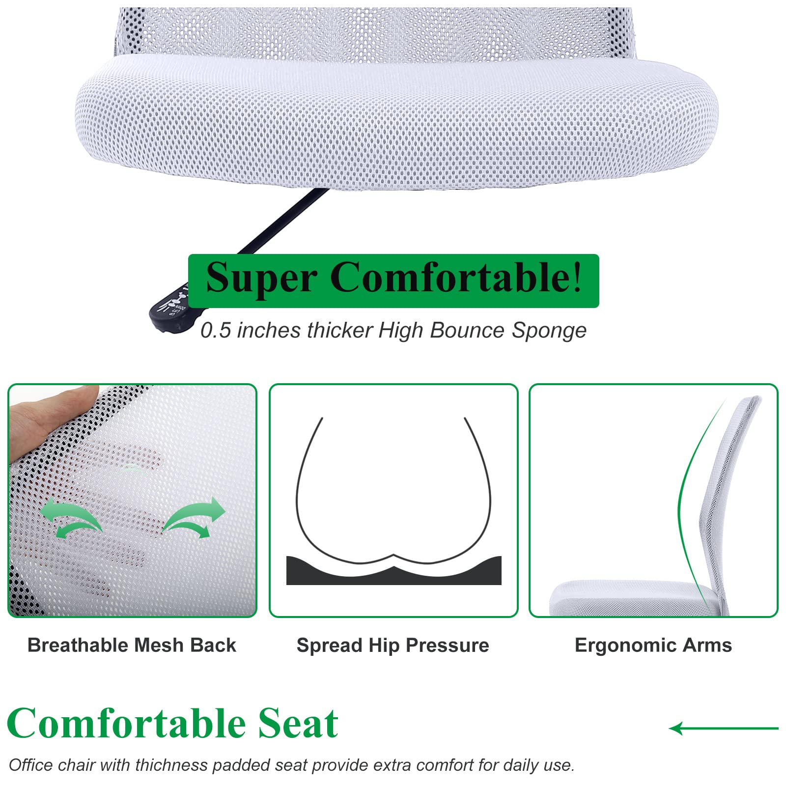 Ergonomic Mesh Office Chair - Modern Mid Back Rolling Swivel Computer Desk Chair with Breathable Fabric, Armless Design for Home & Office Use - Perfect for Long Hours of Work, Gaming, or Studying (White)