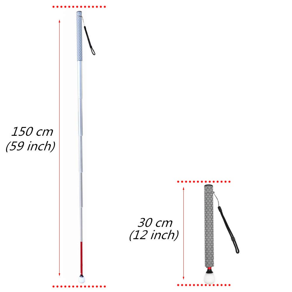 Expandable Aluminum Blind Cane with Rolling Tip 28-150cm (11-59 Inch) - Adjustable Walking Stick for Visually Impaired - Includes 2 Tips & Grey Handle - Ideal for Indoor & Outdoor Mobility Assistance