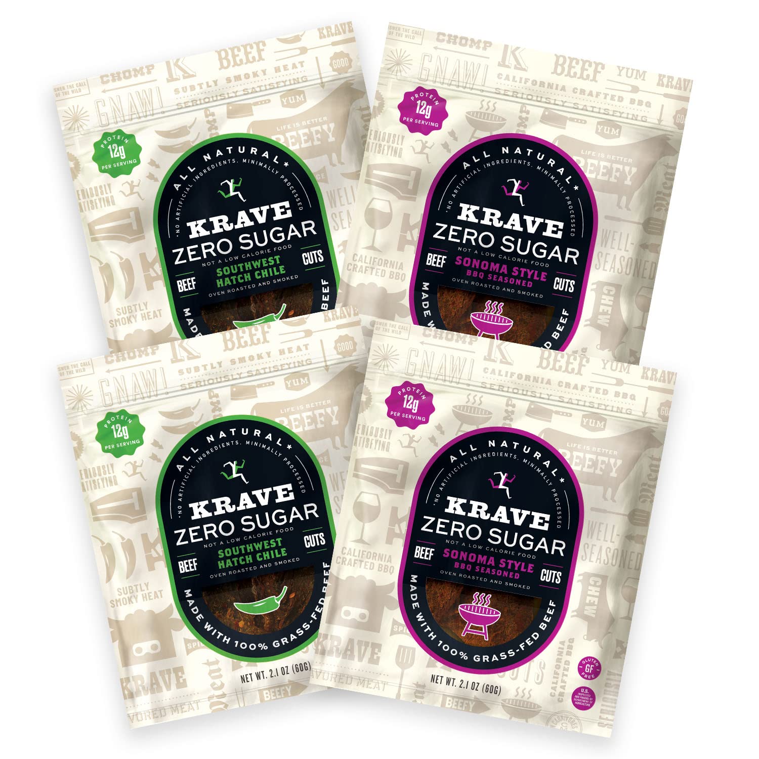 KRAVE Zero Sugar Beef Jerky - All Natural 100% Grass Fed Beef, High Protein Keto Snack, Gluten Free, Roasted for Maximum Flavor (Variety Pack, 2.1oz x 4) | Perfect for Hiking, Camping & Low Carb Diet