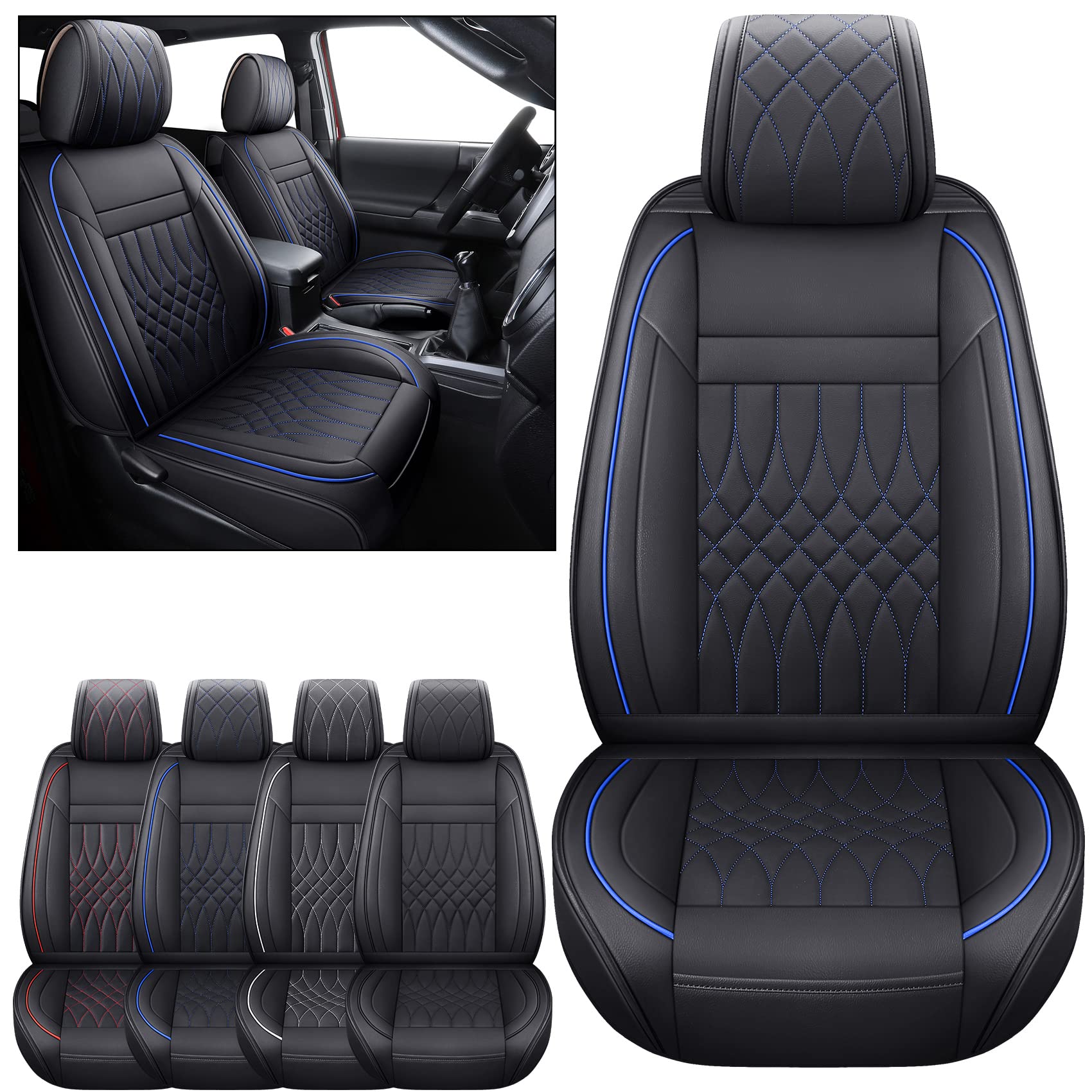 YIERTAI Waterproof Faux Leather Seat Covers for Toyota Tacoma 2005-2025 Models - Compatible with Crew Cab, Double Cab, Access Cab, TRD Off-Road, Limited, SR, SR5 & Trail Edition - 2-Piece Front Set (Black & Blue) - Perfect for Off-Roading, Camping & Daily Driving Protection