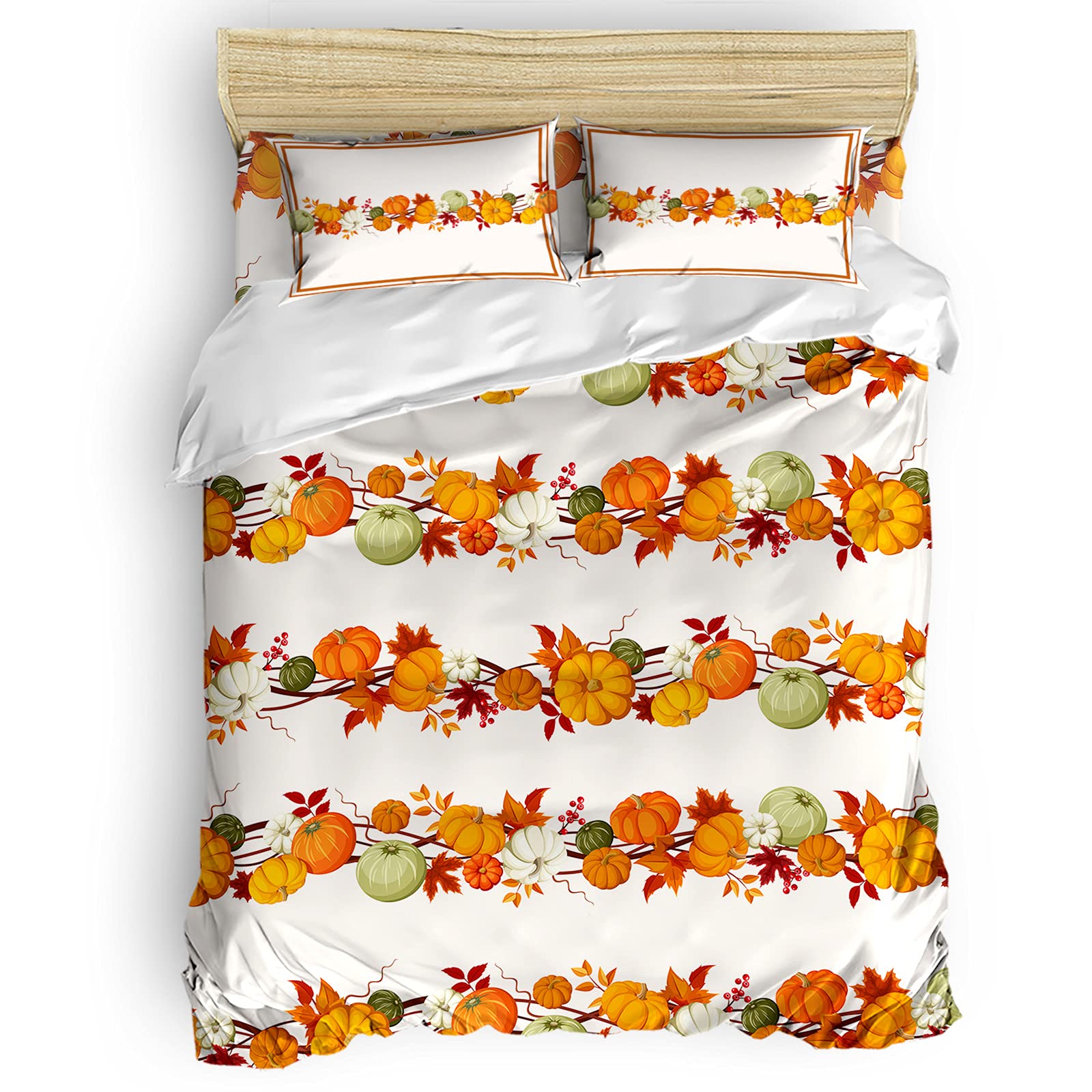 **PartyShow 4-Piece Full Bedding Set - Thanksgiving Pumpkin & Autumn Leaves Comforter Cover with 2 Pillowcases for Kids, Boys, Girls - Cozy Fall Harvest Bedroom Decor for Seasonal Home Styling**