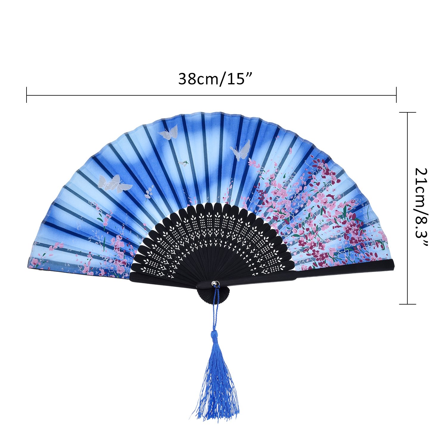 2 Pack Folding Handheld Bamboo Fans with Tassel - Traditional Chinese Style Women's Hollow Carved Hand Fans for Wall Decor, Wedding Favors, Photo Props & Summer Cooling (Cherry Blossom & Butterfly Design)