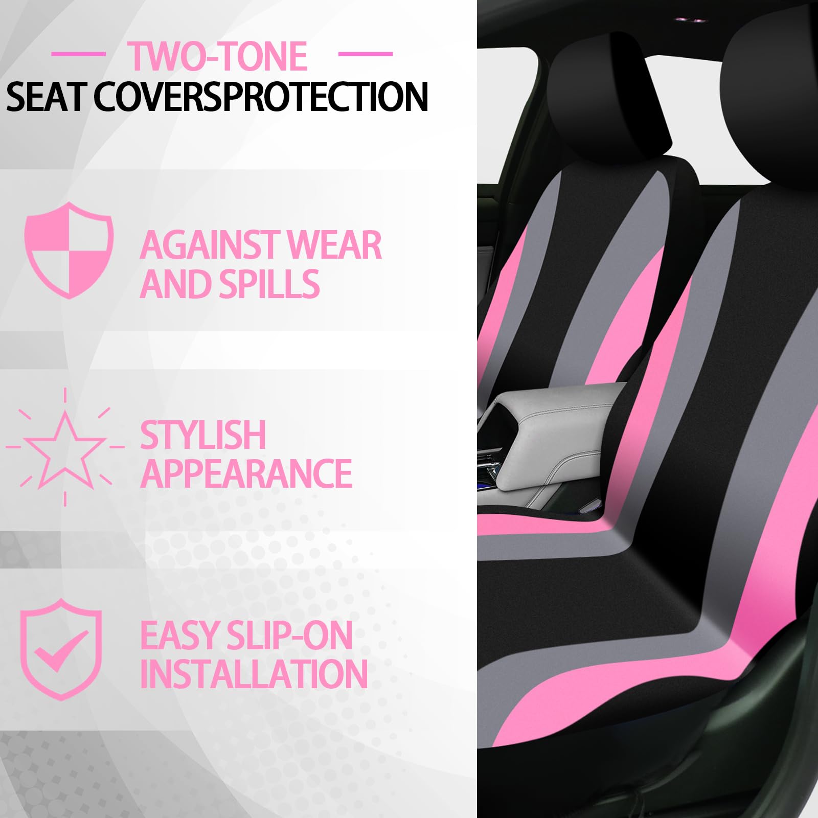 ROCEEI 47-Piece Full Set Car Seat Covers with Fluffy Steering Wheel Cover, Seat Belt Pads & Floor Mats - Premium Car Accessories for Front & Rear Seats (Black & Pink) | Ultimate Comfort & Protection for Daily Commute, Road Trips & Family Travel