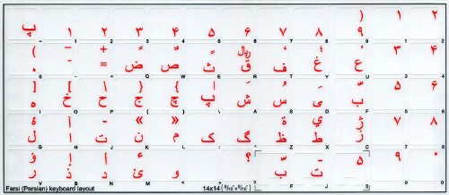 Persian Farsi Keyboard Stickers - Transparent Background with Red, Blue, Orange, White & Yellow Letters (14x14) - Perfect for Laptops, Desktops & Multilingual Typing