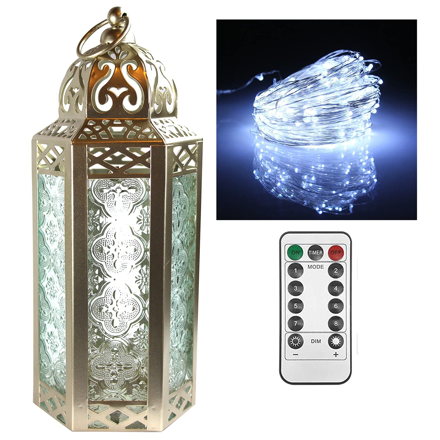 Moroccan Decorative LED Candle Lantern Set of 3 - White Gold Medium Size with Fairy String Lights for Home Decor, Wedding Centerpiece & Outdoor Patio Lighting